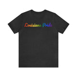 Louisiana Pride T-Shirt: Flowing Cursive Design with LGBTQ+ Gradient