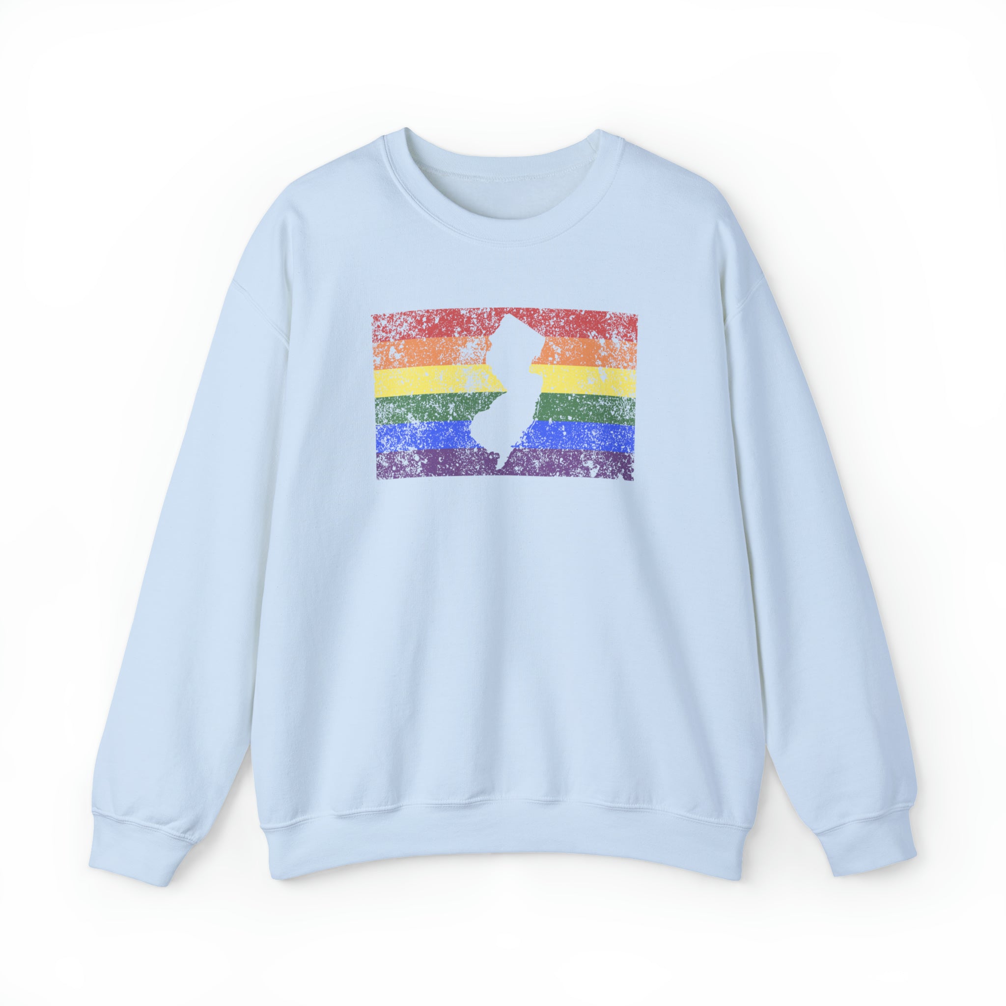 New Jersey Pride Flag Sweater: Rainbow LGBTQ+ State Silhouette Distressed Sweatshirt