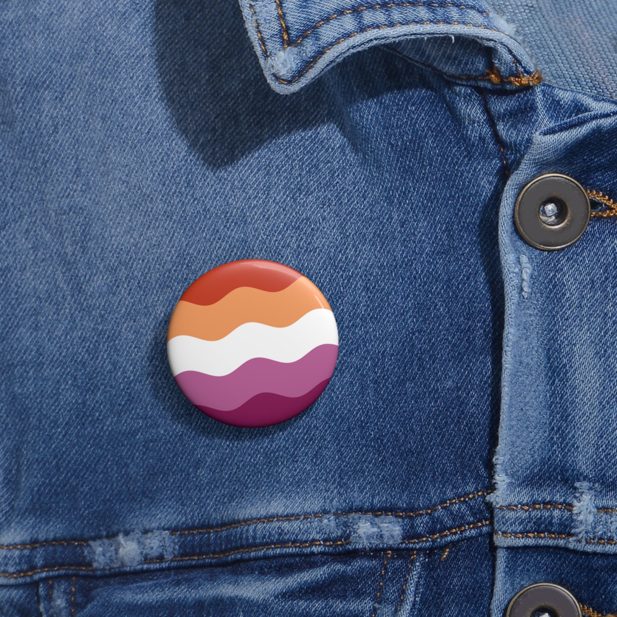 Lesbian Pride Flag Pin: Round Button with Wavey Design