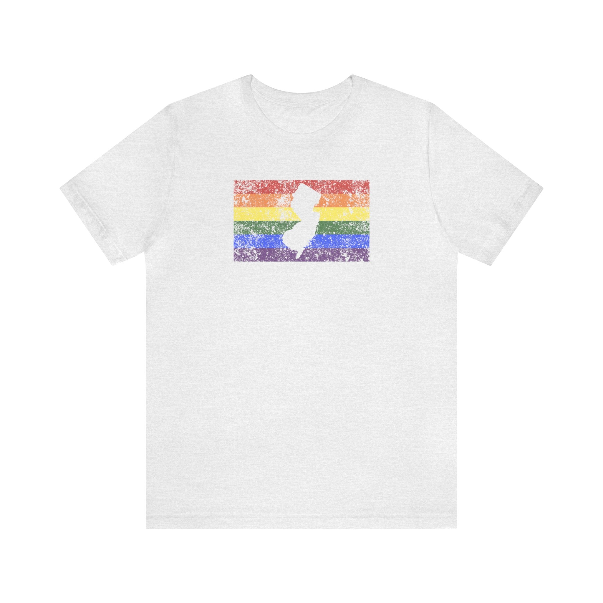 New Jersey Pride Flag Tee: Rainbow LGBTQ+ State Silhouette Distressed Shirt