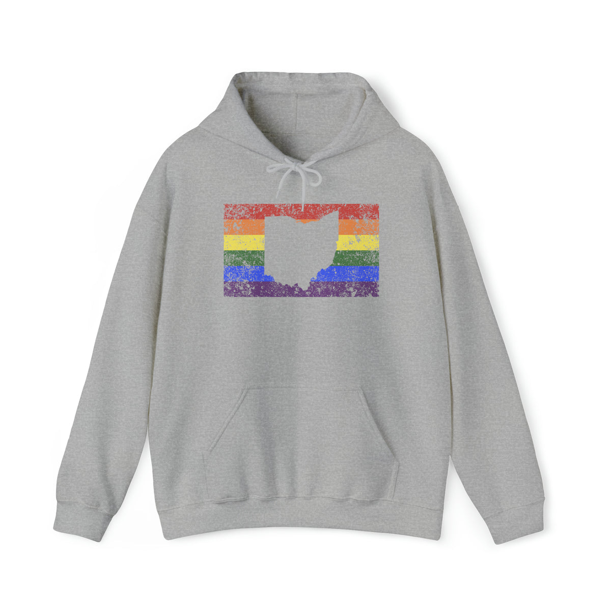 Ohio Pride Flag Hoodie: Rainbow LGBTQ+ State Silhouette Distressed Hooded Sweatshirt