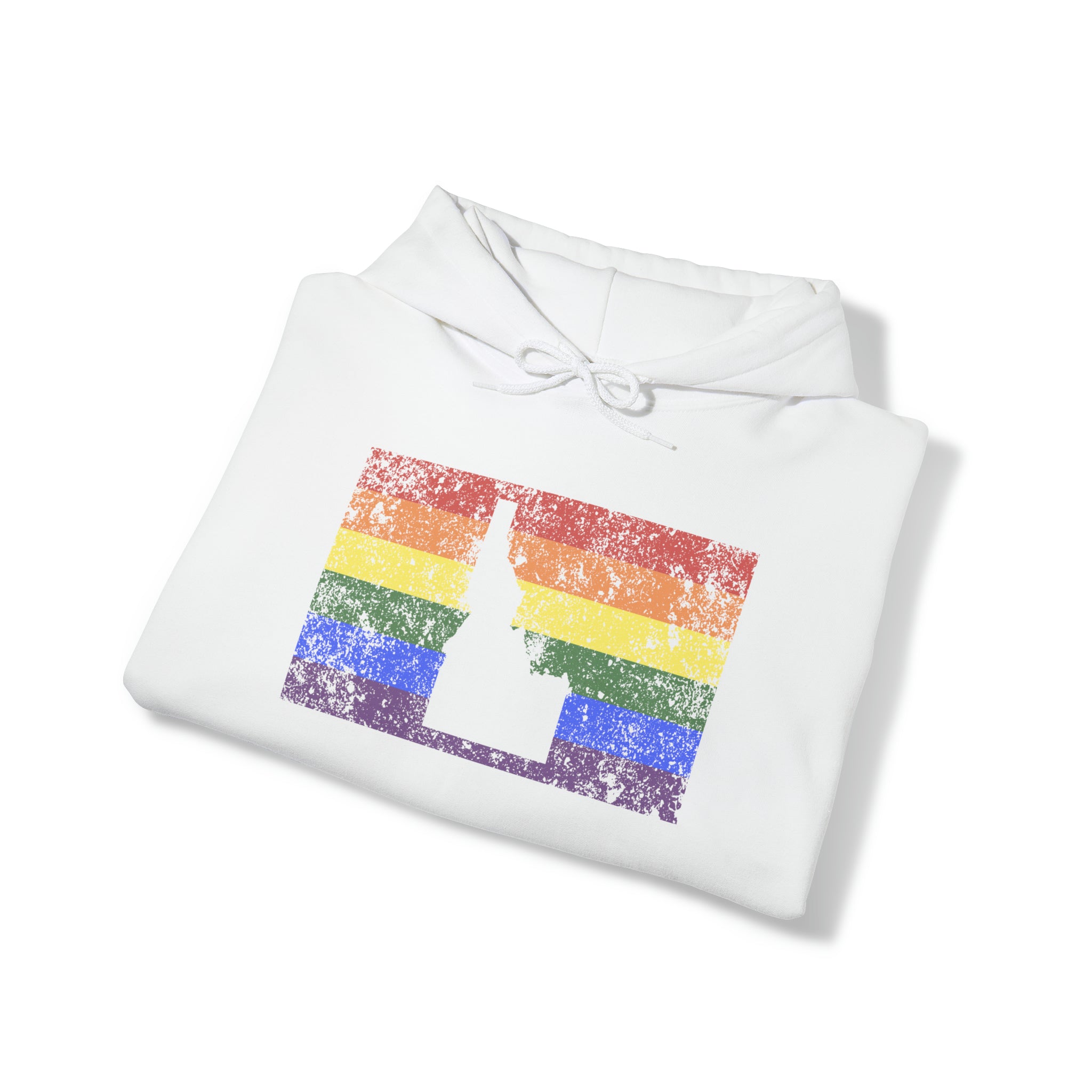 Idaho Pride Flag Hoodie: Rainbow LGBTQ+ State Silhouette Distressed Hooded Sweatshirt