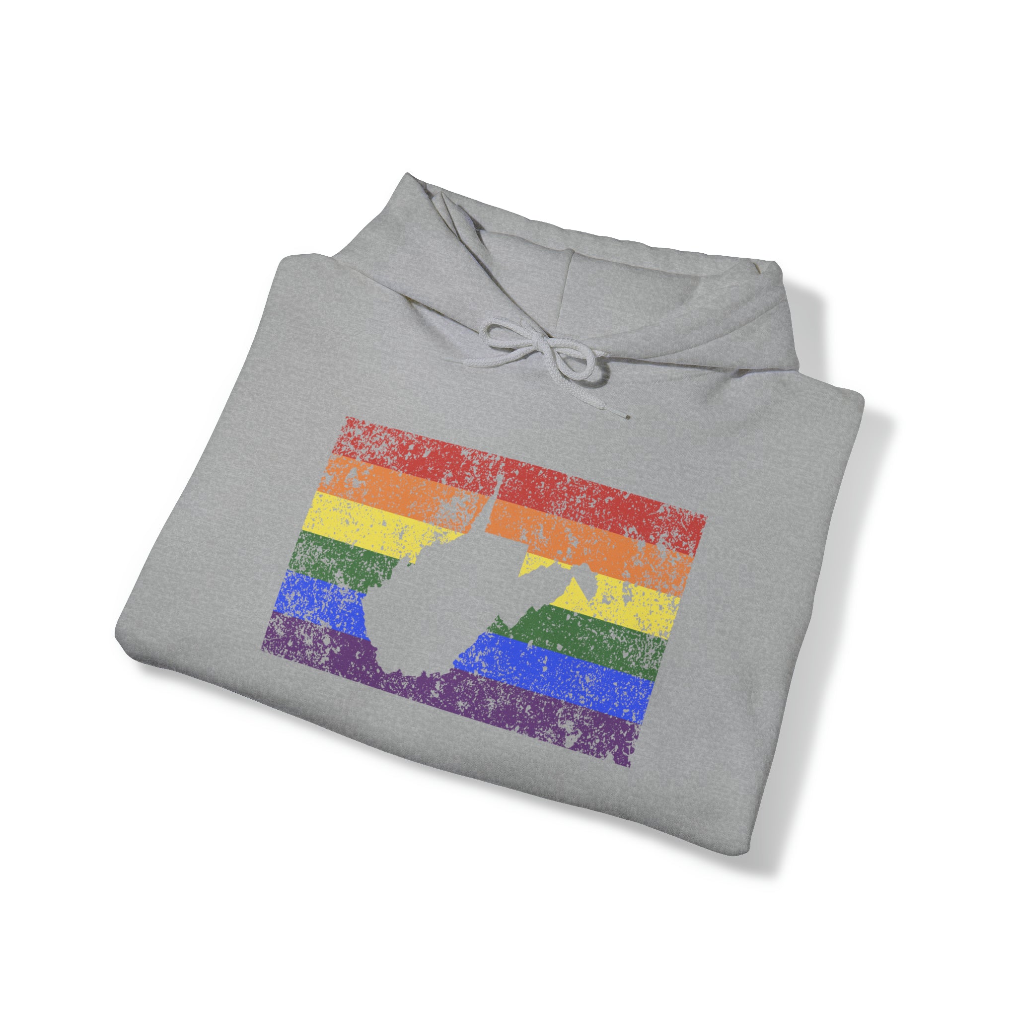 West Virginia Pride Flag Hoodie: Rainbow LGBTQ+ State Silhouette Distressed Hooded Sweatshirt