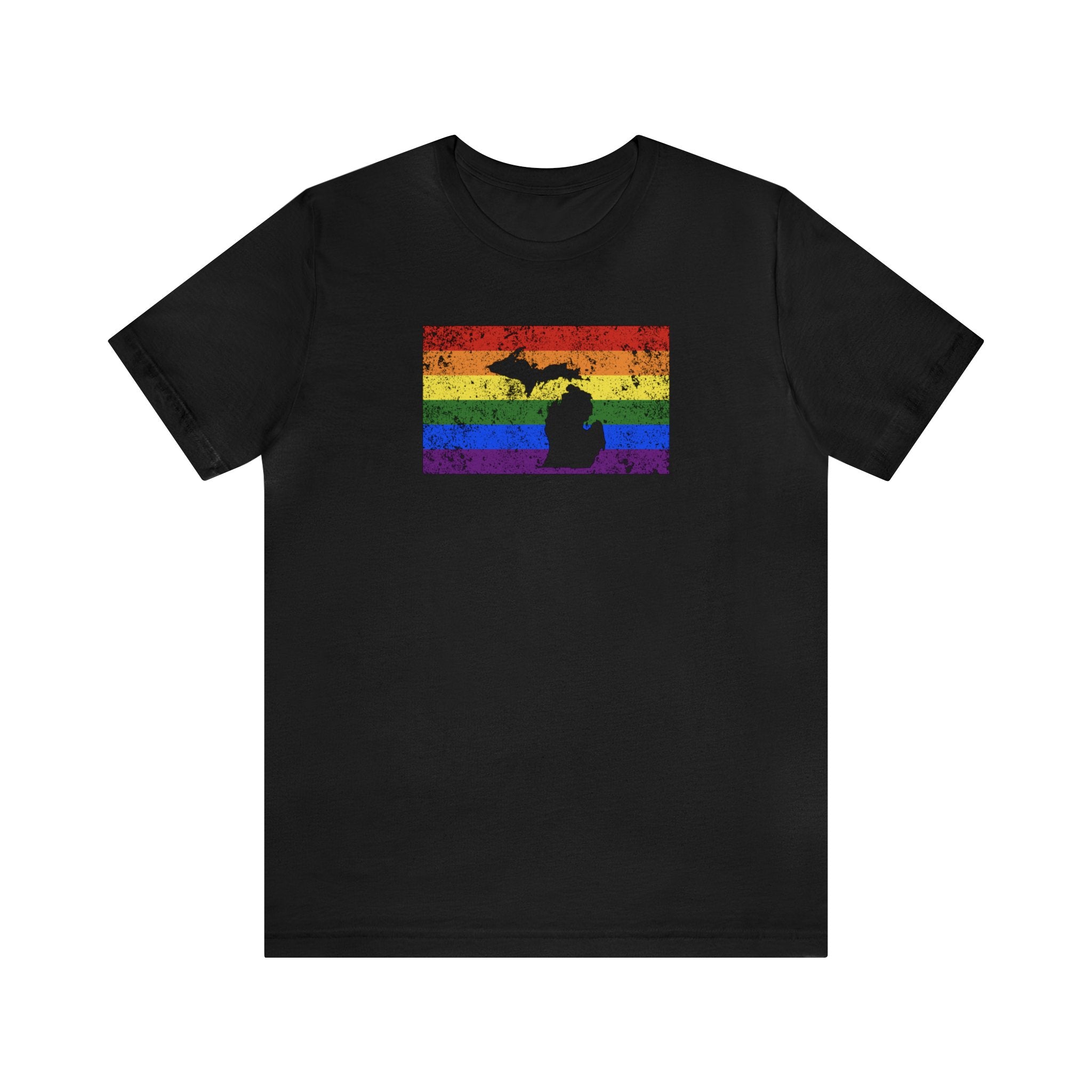 Michigan Pride Flag Tee: Rainbow LGBTQ+ State Silhouette Distressed Shirt