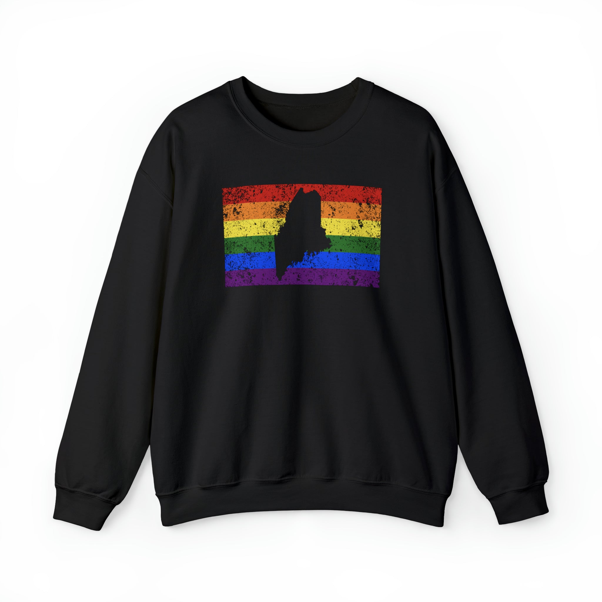 Maine Pride Flag Sweater: Rainbow LGBTQ+ State Silhouette Distressed Sweatshirt