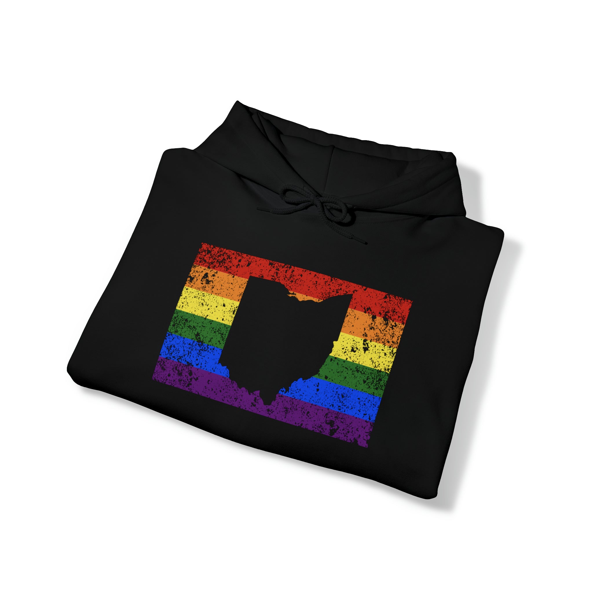 Ohio Pride Flag Hoodie: Rainbow LGBTQ+ State Silhouette Distressed Hooded Sweatshirt
