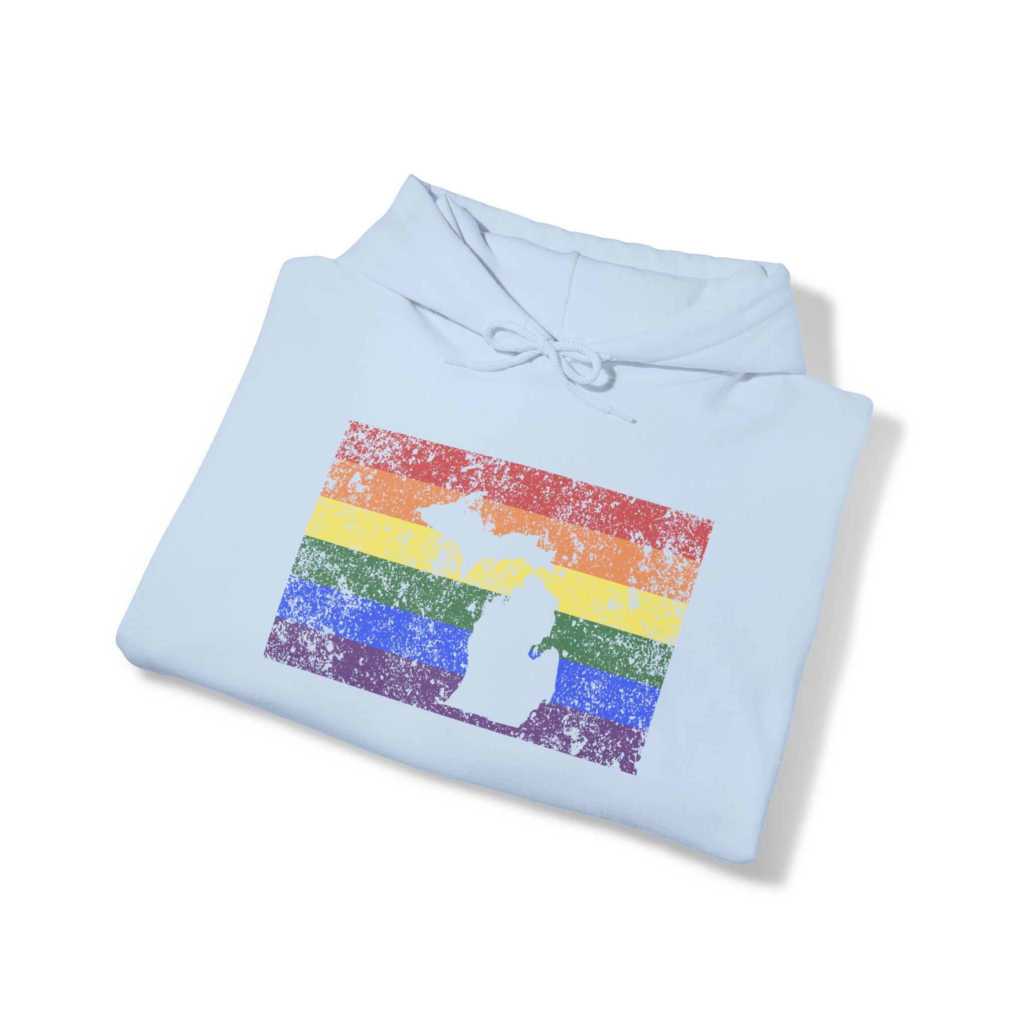 Michigan Pride Flag Hoodie: Rainbow LGBTQ+ State Silhouette Distressed Hooded Sweatshirt