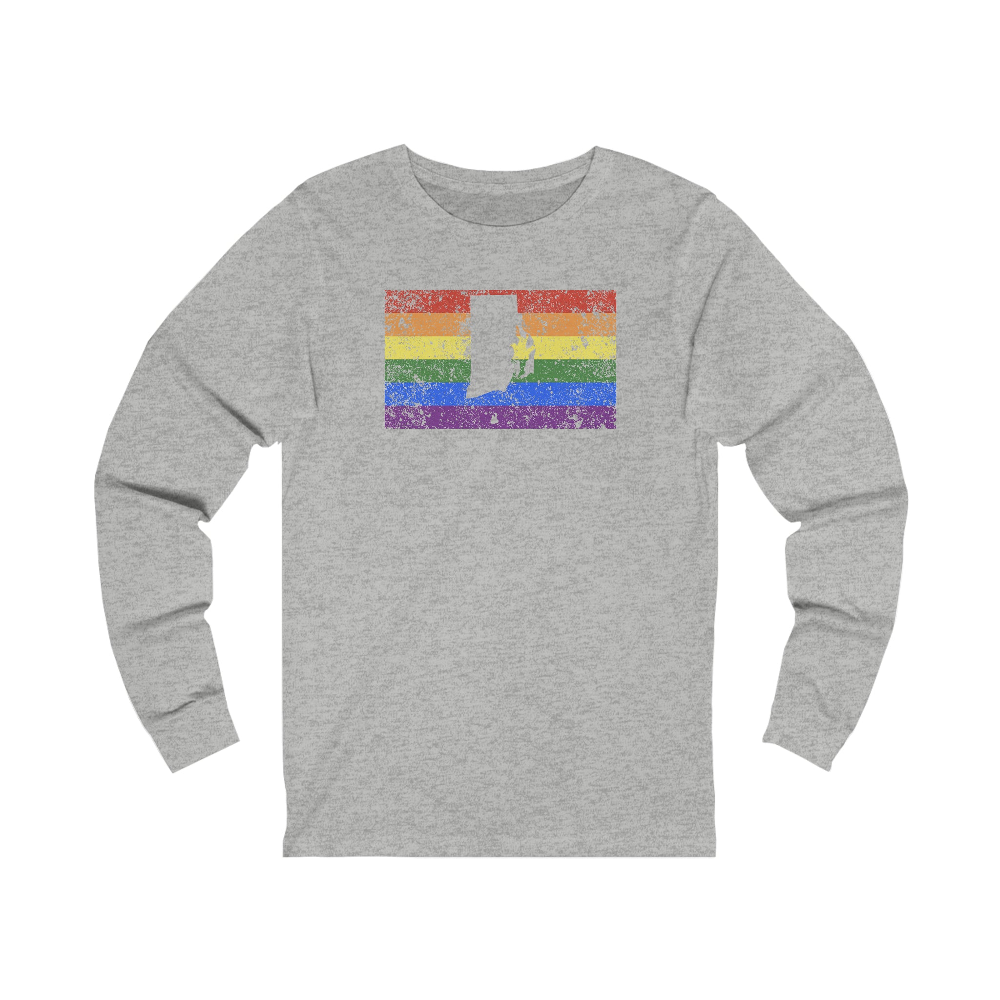 Rhode Island Pride Flag Long Sleeve Tee: Rainbow LGBTQ+ State Silhouette Distressed Long Sleeve T-Shirt