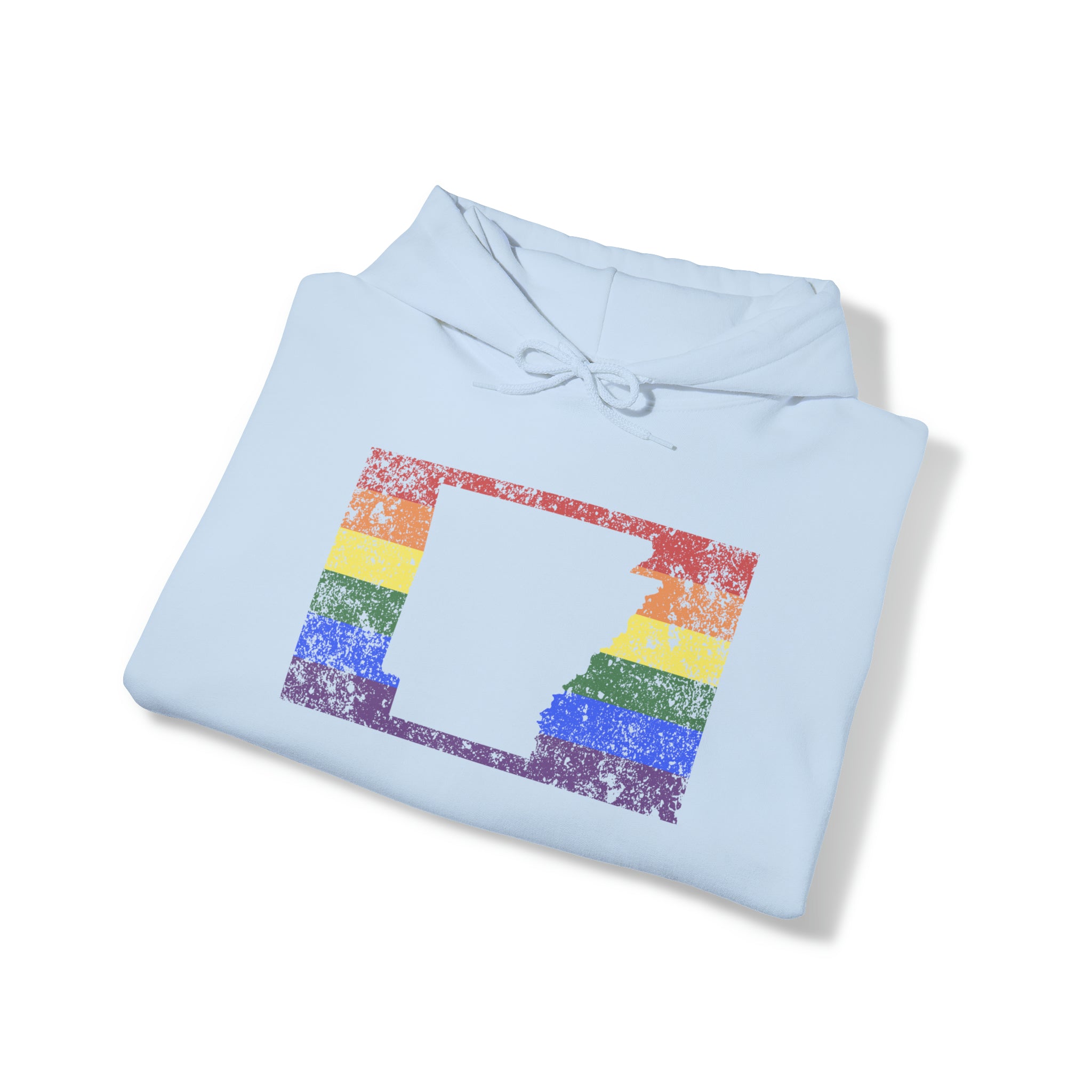Arkansas Pride Flag Hoodie: Rainbow LGBTQ+ State Silhouette Distressed Hooded Sweatshirt