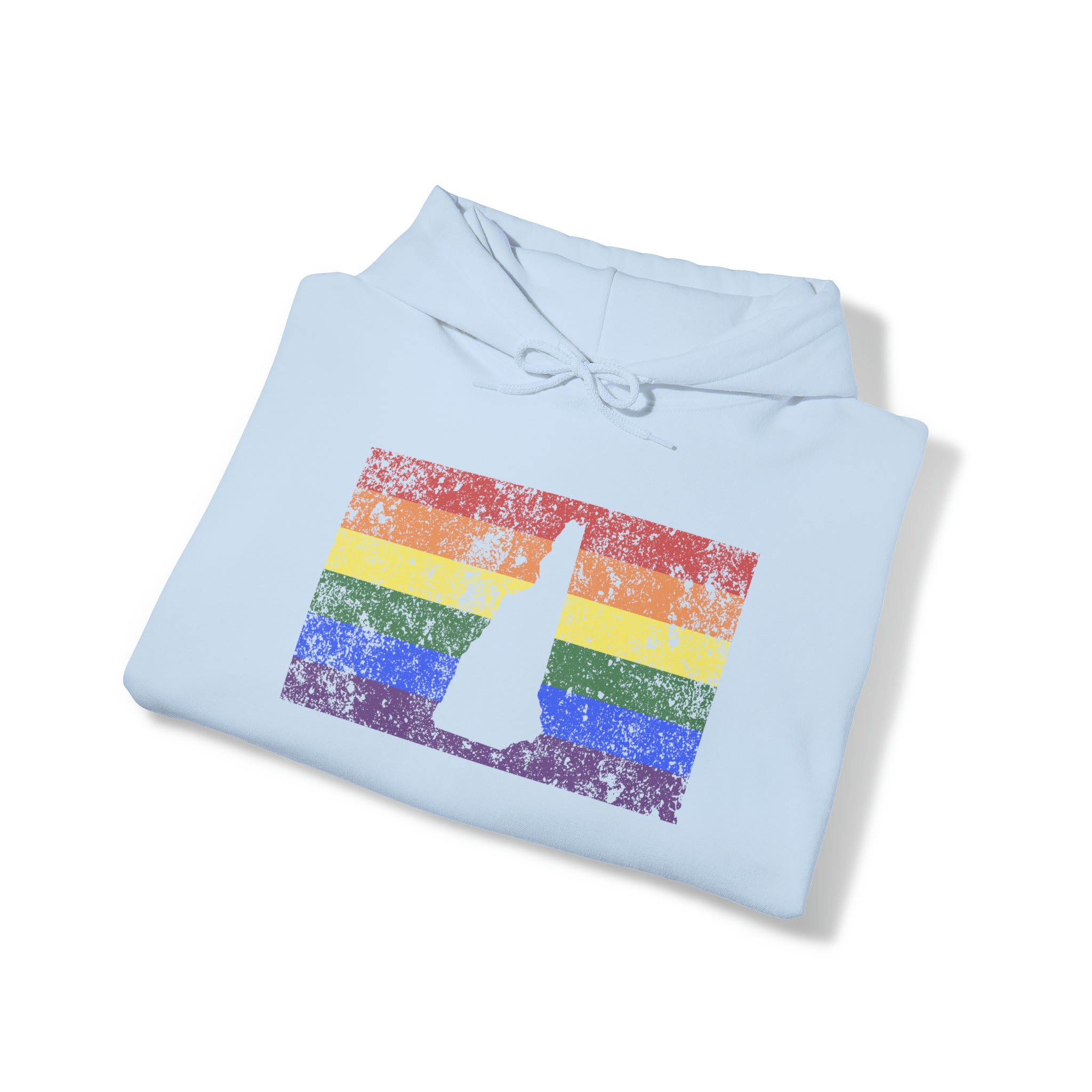 New Hampshire Pride Flag Hoodie: Rainbow LGBTQ+ State Silhouette Distressed Hooded Sweatshirt
