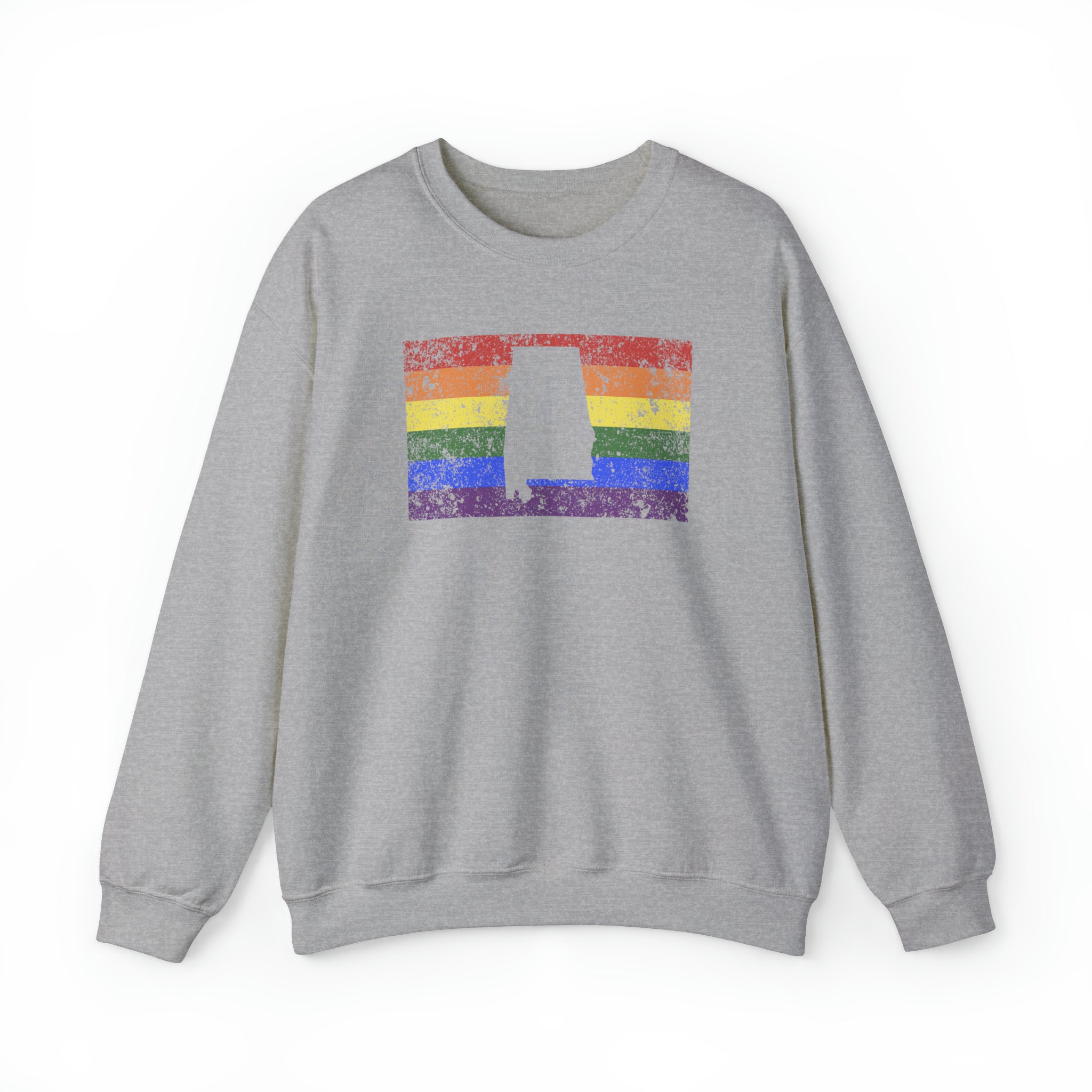 Alabama Pride Flag Sweater: Rainbow LGBTQ+ State Silhouette Distressed Sweatshirt