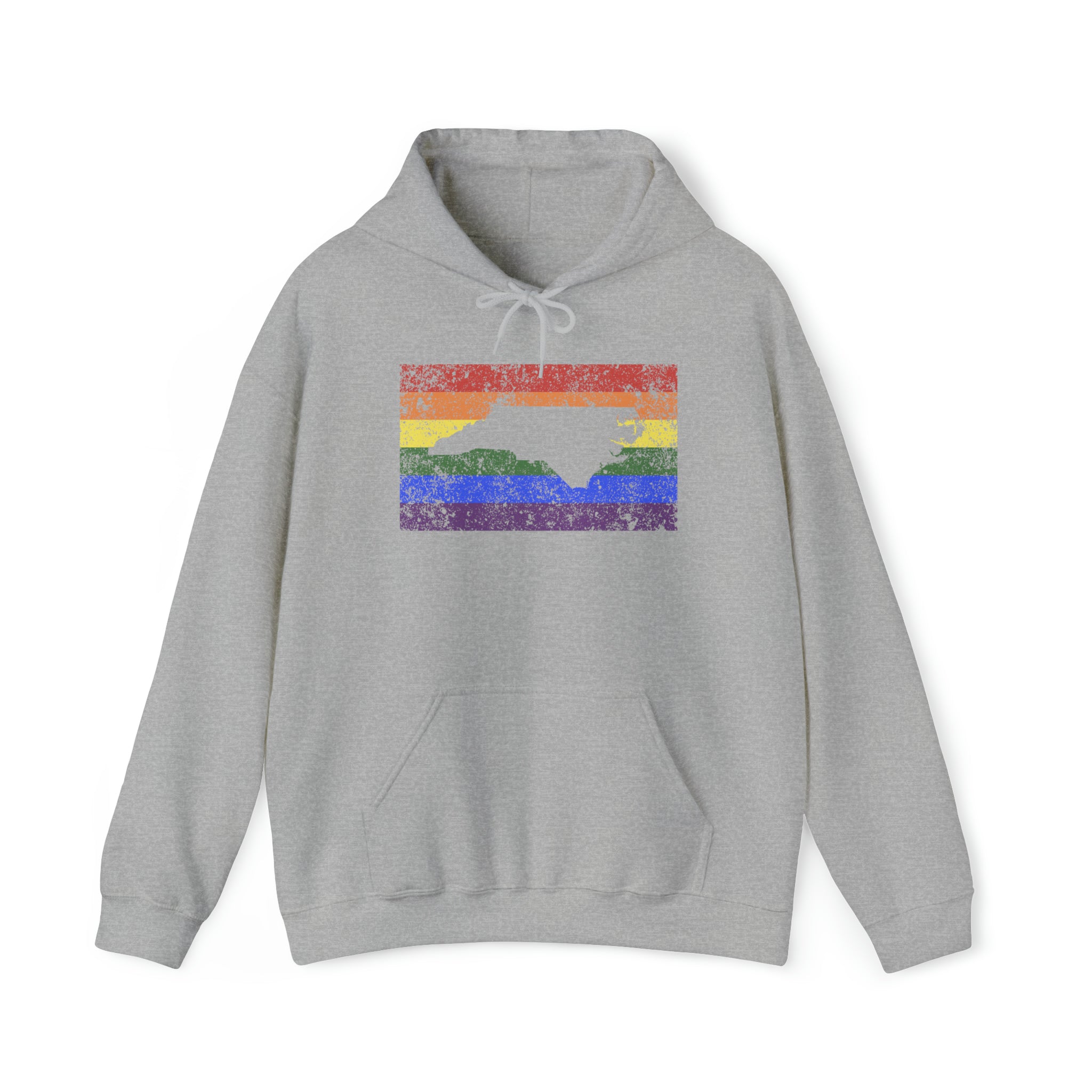 North Carolina Pride Flag Hoodie: Rainbow LGBTQ+ State Silhouette Distressed Hooded Sweatshirt
