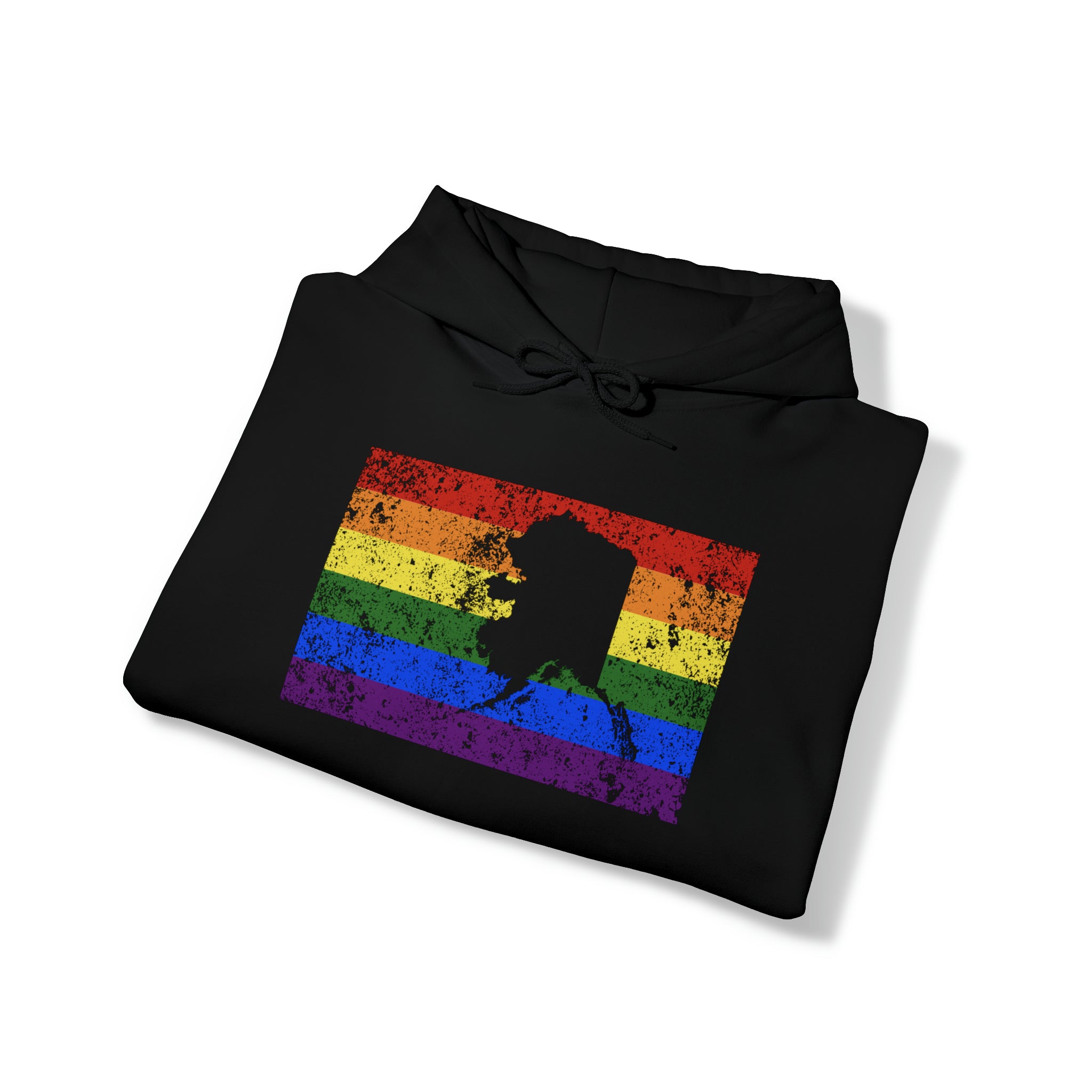 Alaska Pride Flag Hoodie: Rainbow LGBTQ+ State Silhouette Distressed Hooded Sweatshirt