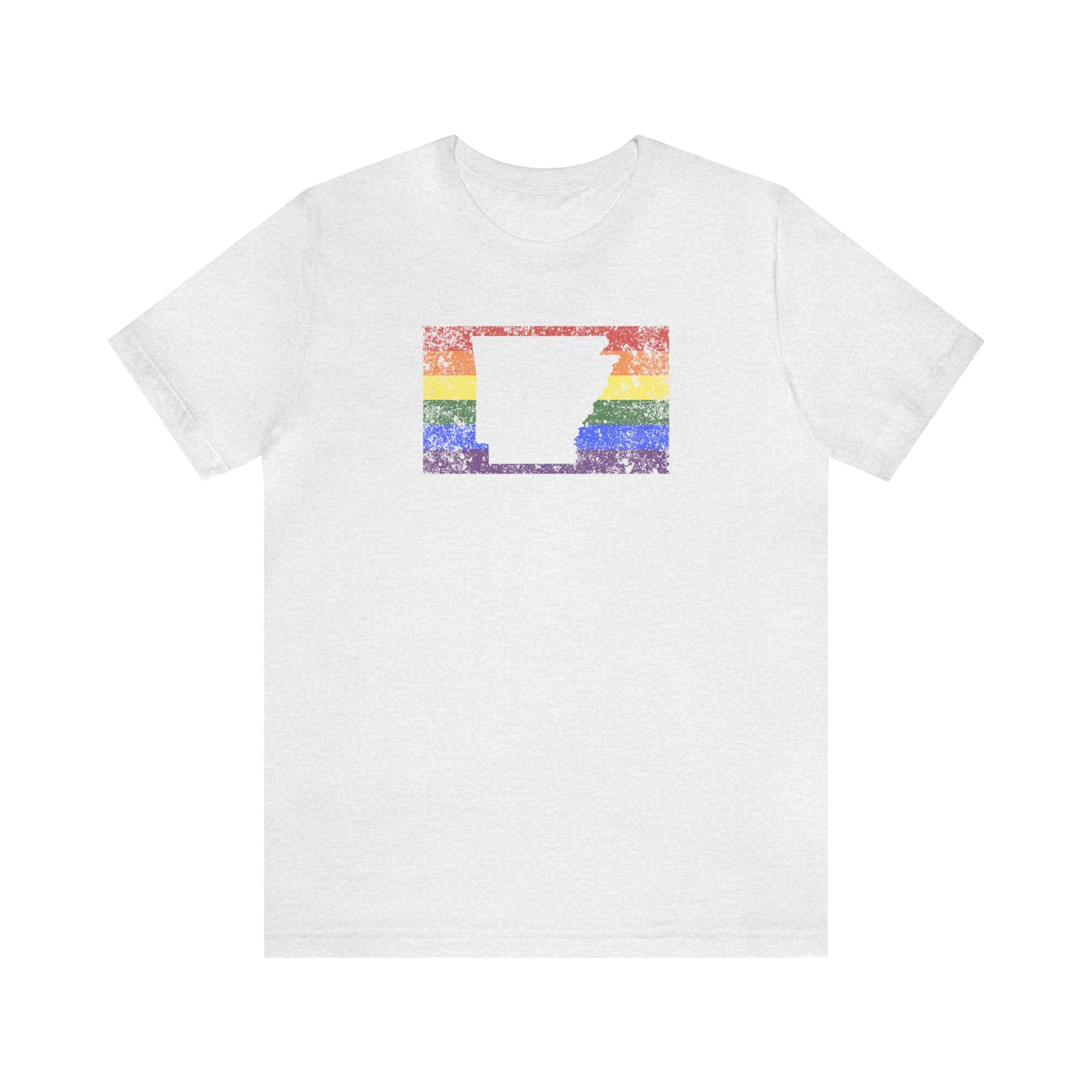 Arkansas Pride Flag Tee: Rainbow LGBTQ+ State Silhouette Distressed Shirt