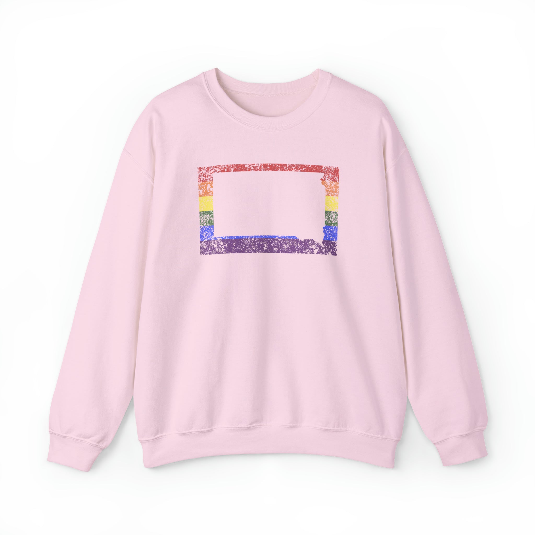 South Dakota Pride Flag Sweater: Rainbow LGBTQ+ State Silhouette Distressed Sweatshirt