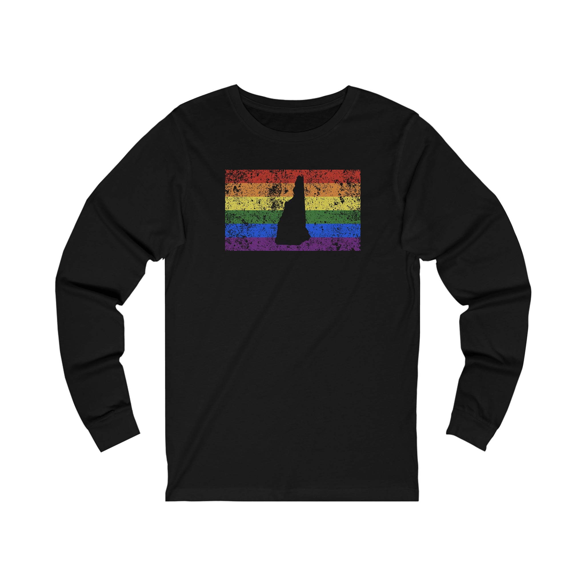 New Hampshire Pride Flag Long Sleeve Tee: Rainbow LGBTQ+ State Silhouette Distressed Long Sleeve T-Shirt