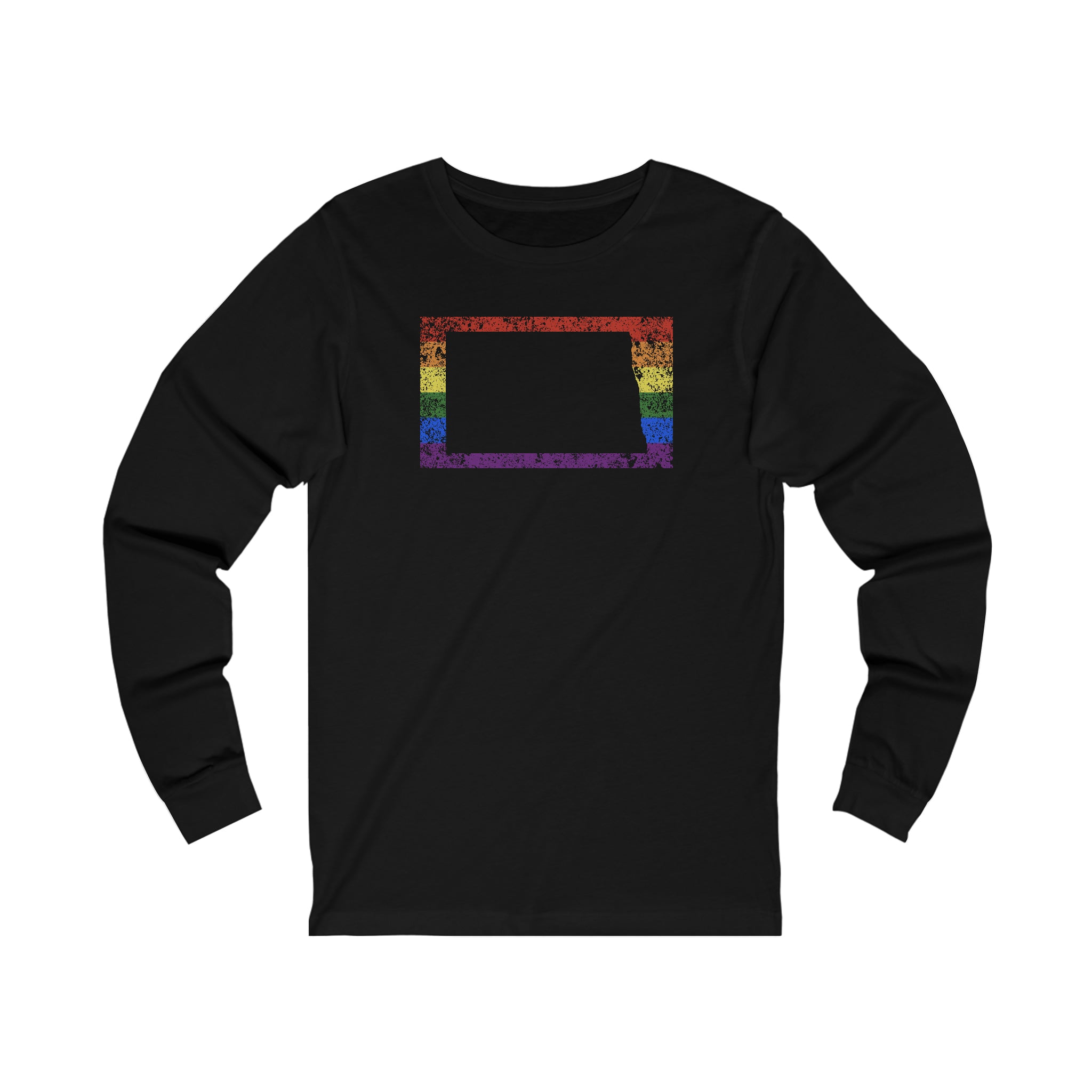North Dakota Pride Flag Long Sleeve Tee: Rainbow LGBTQ+ State Silhouette Distressed Long Sleeve T-Shirt