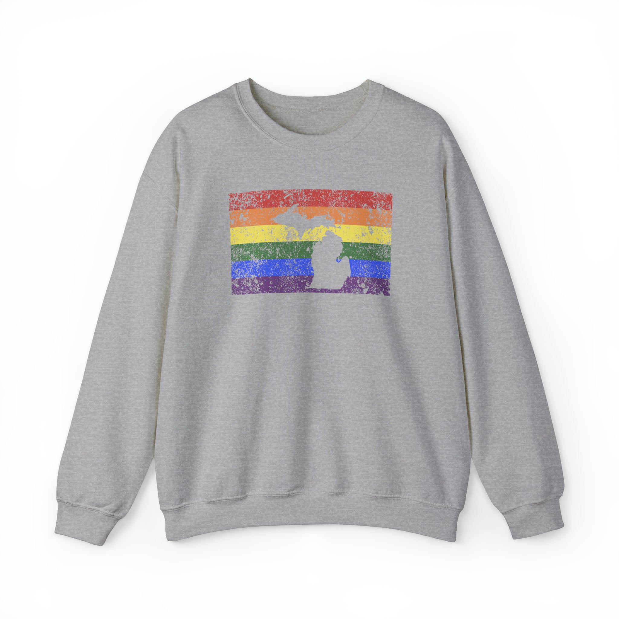 Michigan Pride Flag Sweater: Rainbow LGBTQ+ State Silhouette Distressed Sweatshirt