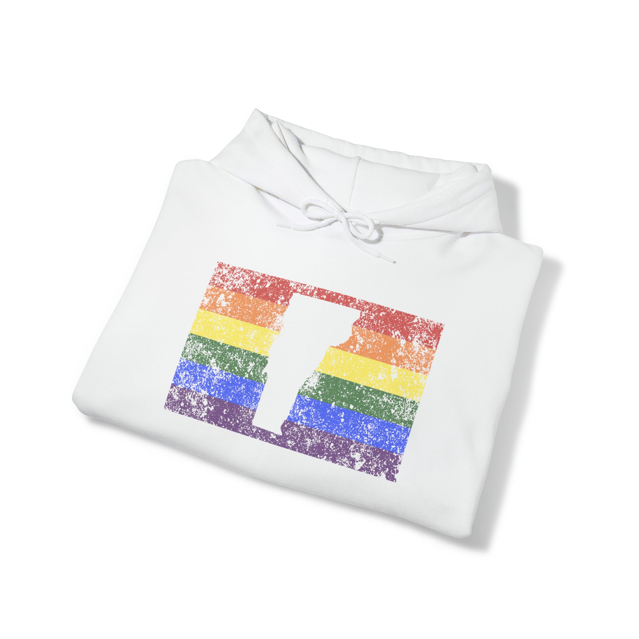 Vermont Pride Flag Hoodie: Rainbow LGBTQ+ State Silhouette Distressed Hooded Sweatshirt