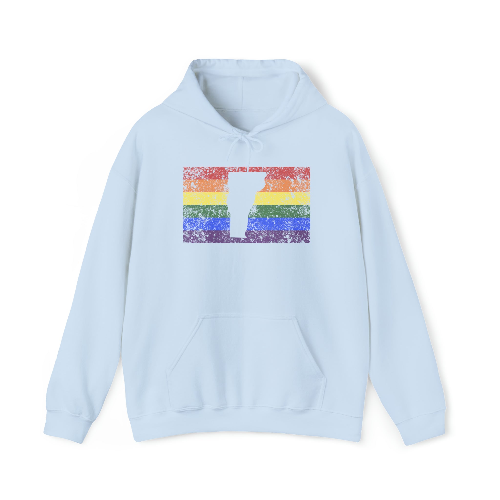 Vermont Pride Flag Hoodie: Rainbow LGBTQ+ State Silhouette Distressed Hooded Sweatshirt
