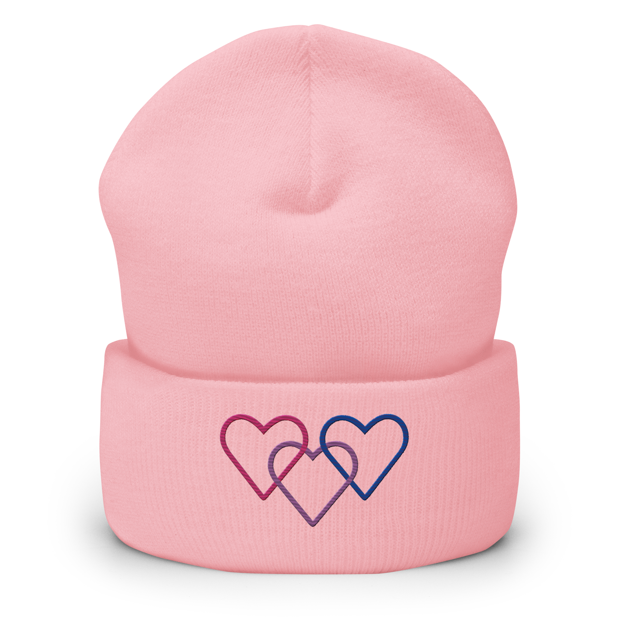Bisexual Pride Beanie: Interlaced Heart Outlines Embroidered Hat