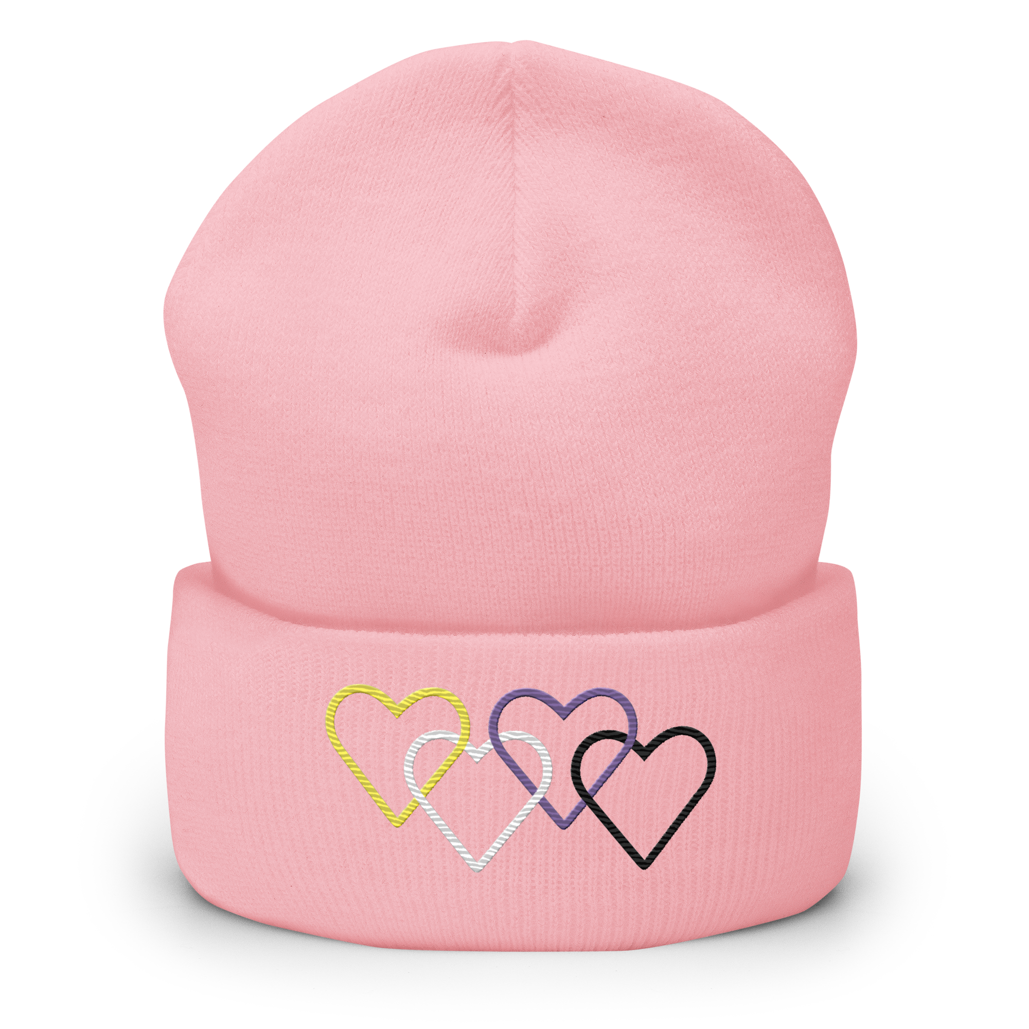 Nonbinary Pride Beanie: Interlaced Heart Outlines Embroidered Hat