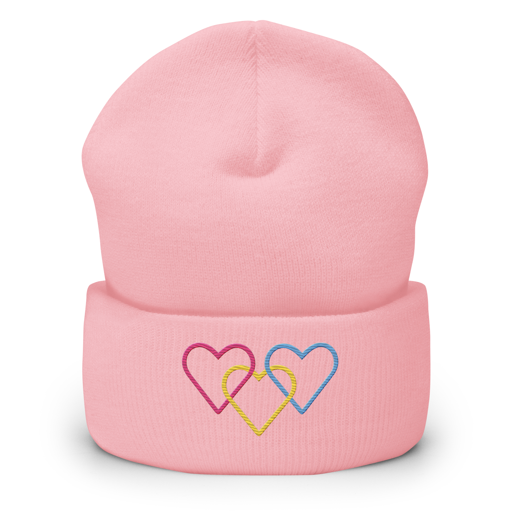 Pansexual Pride Beanie: Interlaced Heart Outlines Embroidered Hat