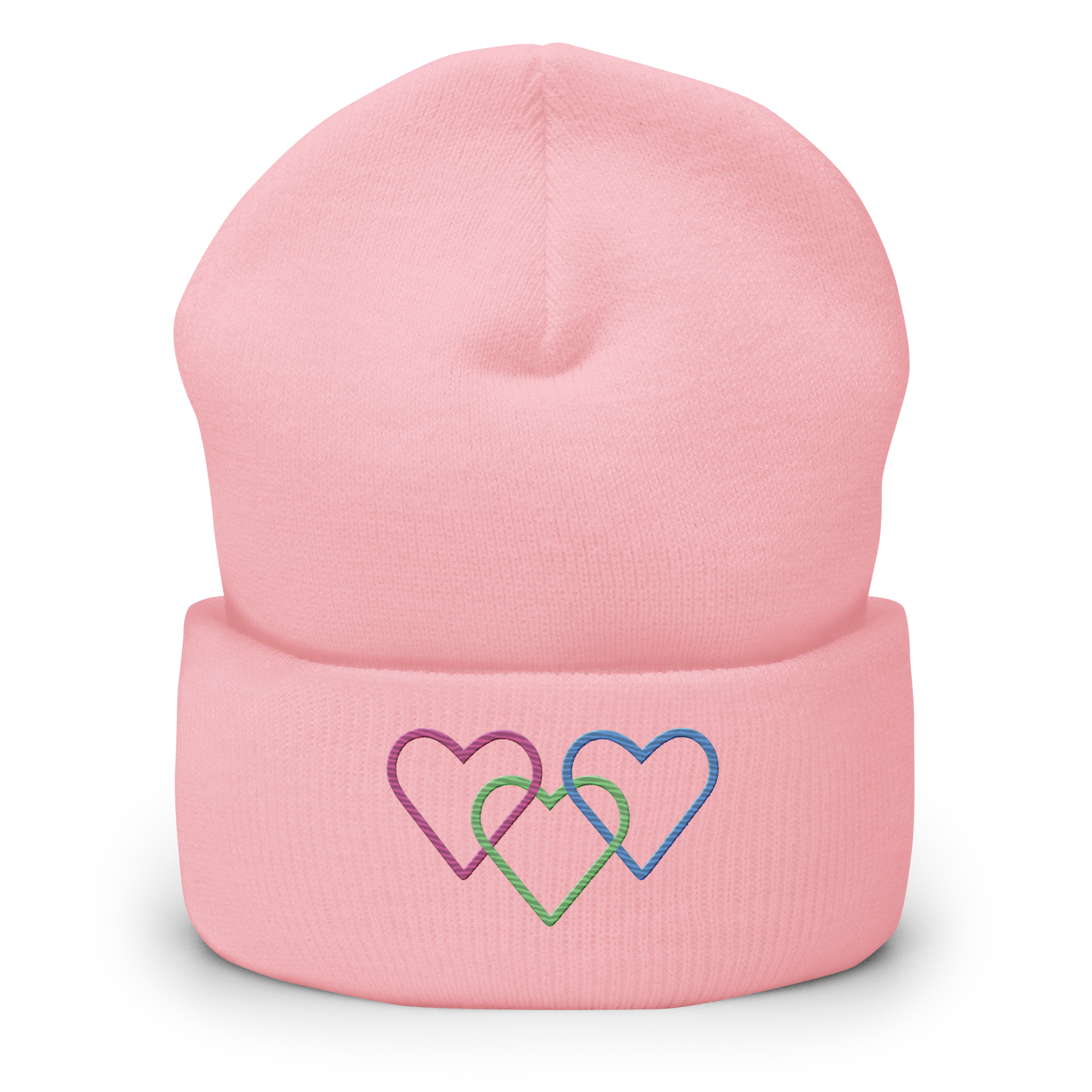 Polysexual Pride Beanie: Interlaced Heart Outlines Embroidered Hat
