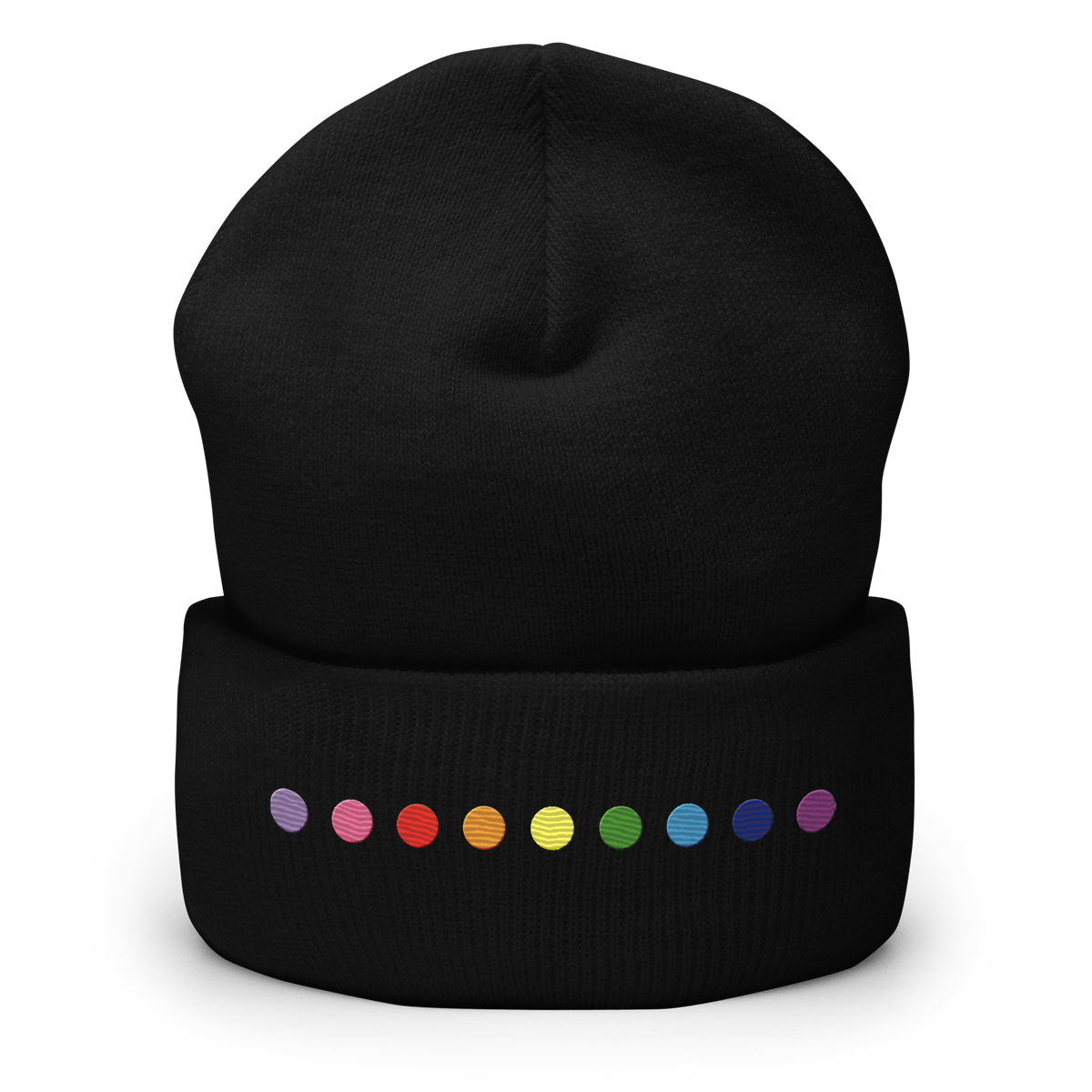 Embroidered Gilbert Baker Pride Beanie: Pride Flag Horizontal Circle Design