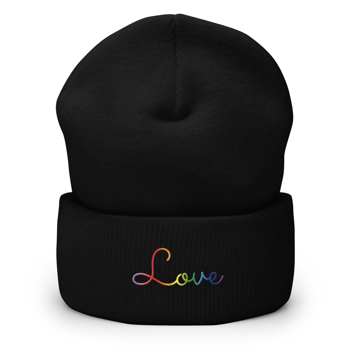 Gilbert Baker Pride Love Script Beanie: Ellegantly Embroidered Pride Hat