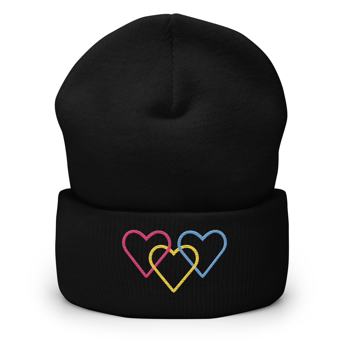 Pansexual Pride Beanie: Interlaced Heart Outlines Embroidered Hat