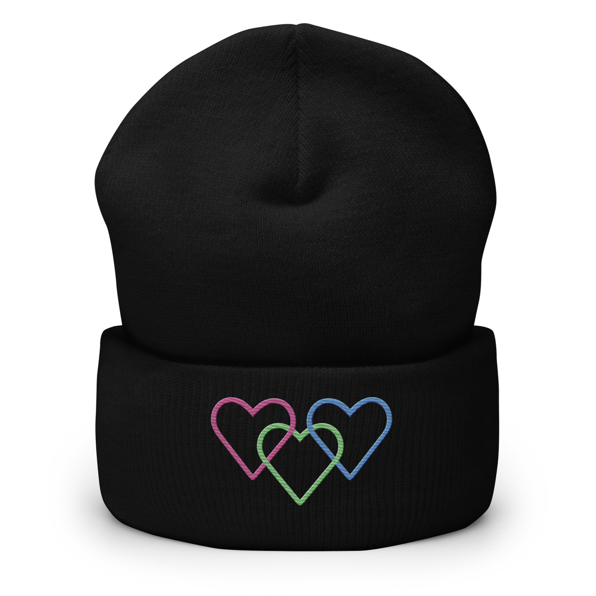 Polysexual Pride Beanie: Interlaced Heart Outlines Embroidered Hat