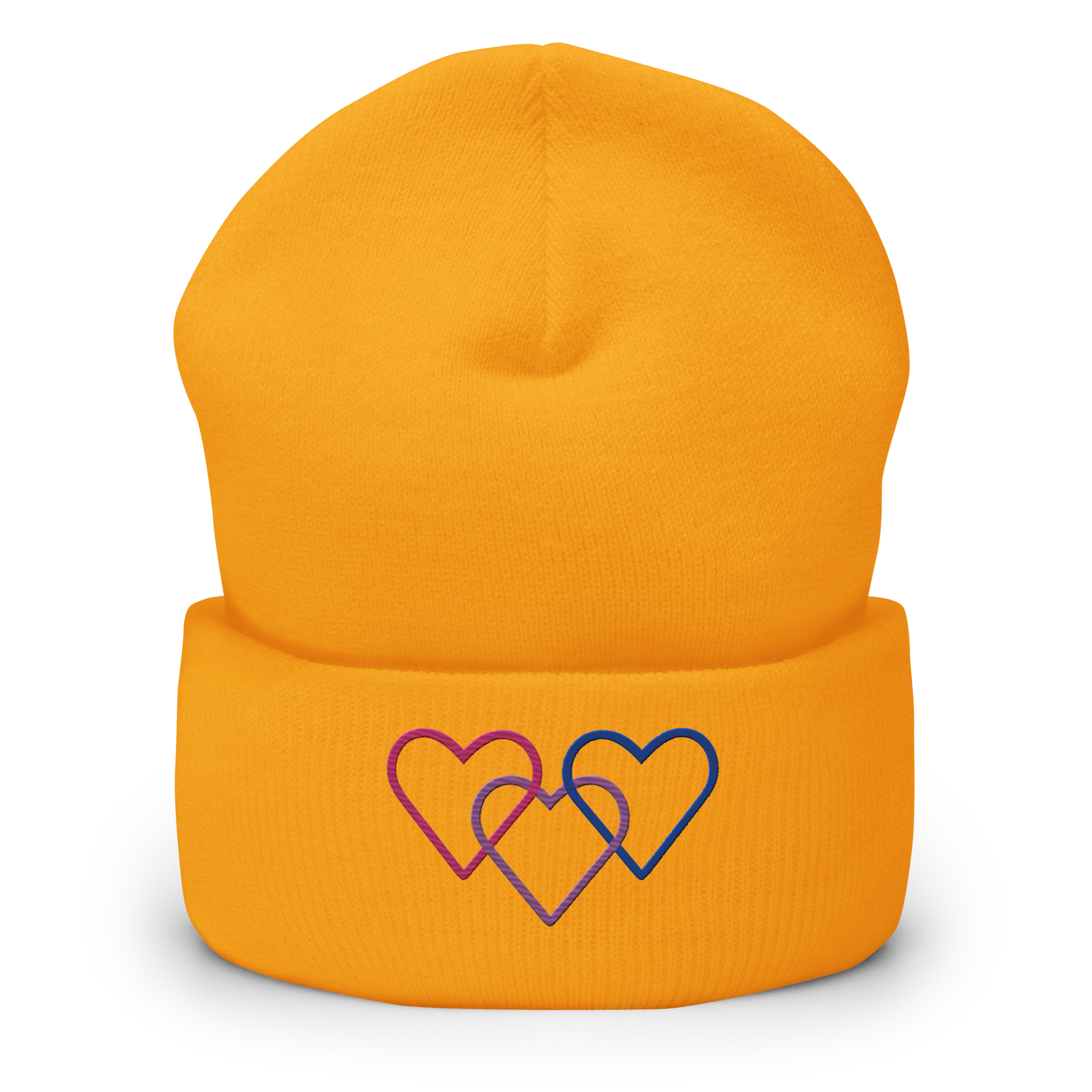 Bisexual Pride Beanie: Interlaced Heart Outlines Embroidered Hat