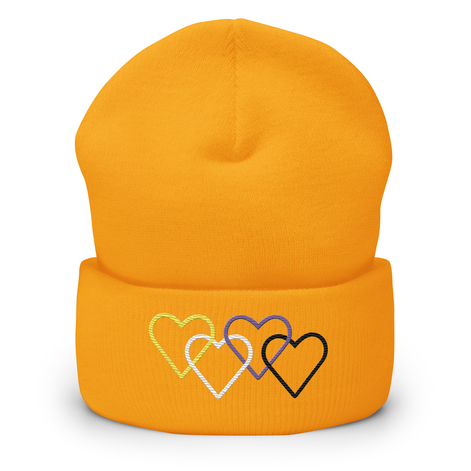 Nonbinary Pride Beanie: Interlaced Heart Outlines Embroidered Hat