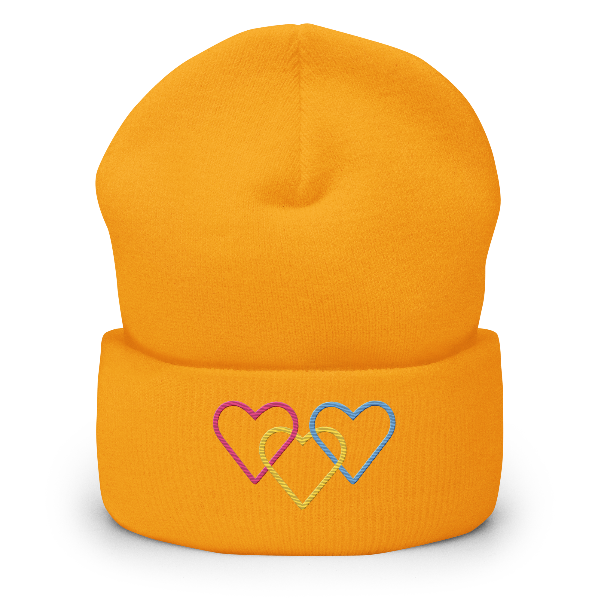 Pansexual Pride Beanie: Interlaced Heart Outlines Embroidered Hat