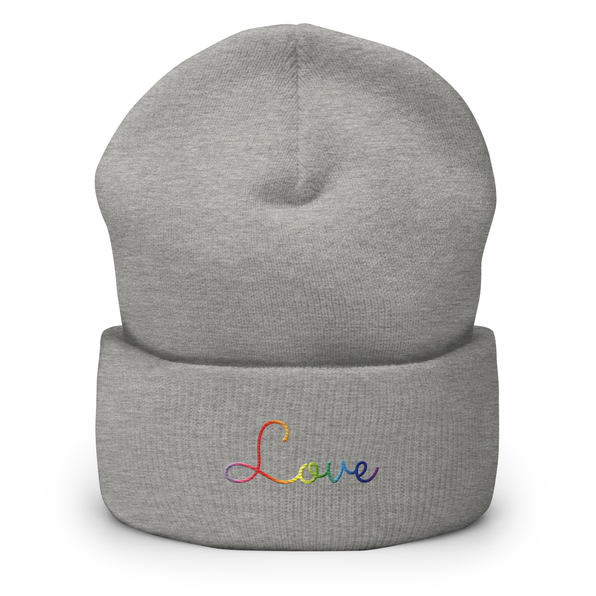 Gilbert Baker Pride Love Script Beanie: Ellegantly Embroidered Pride Hat