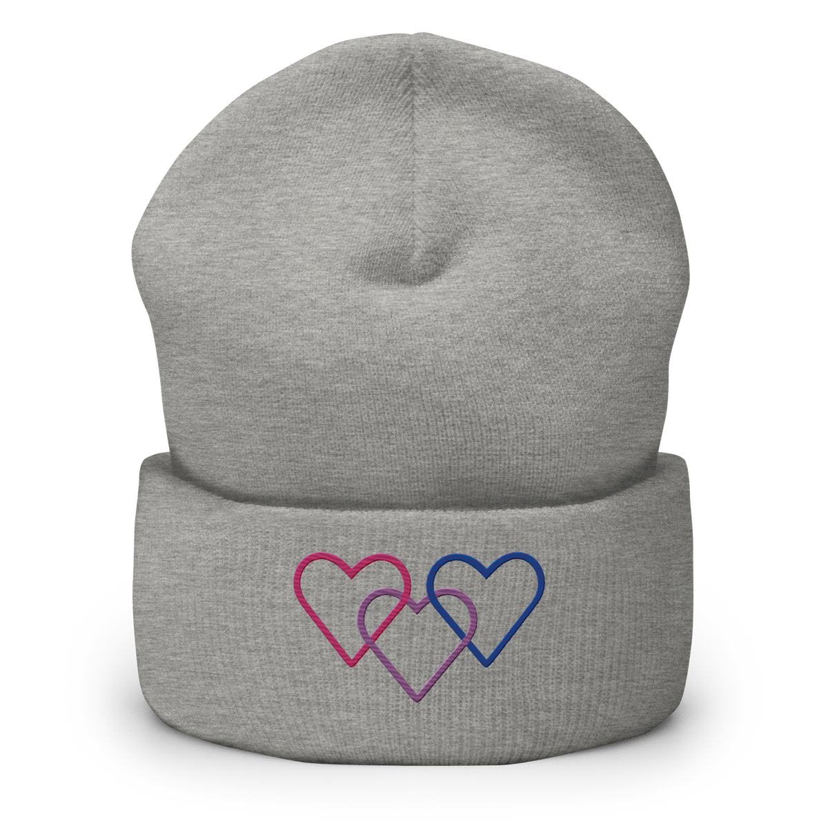 Bisexual Pride Beanie: Interlaced Heart Outlines Embroidered Hat