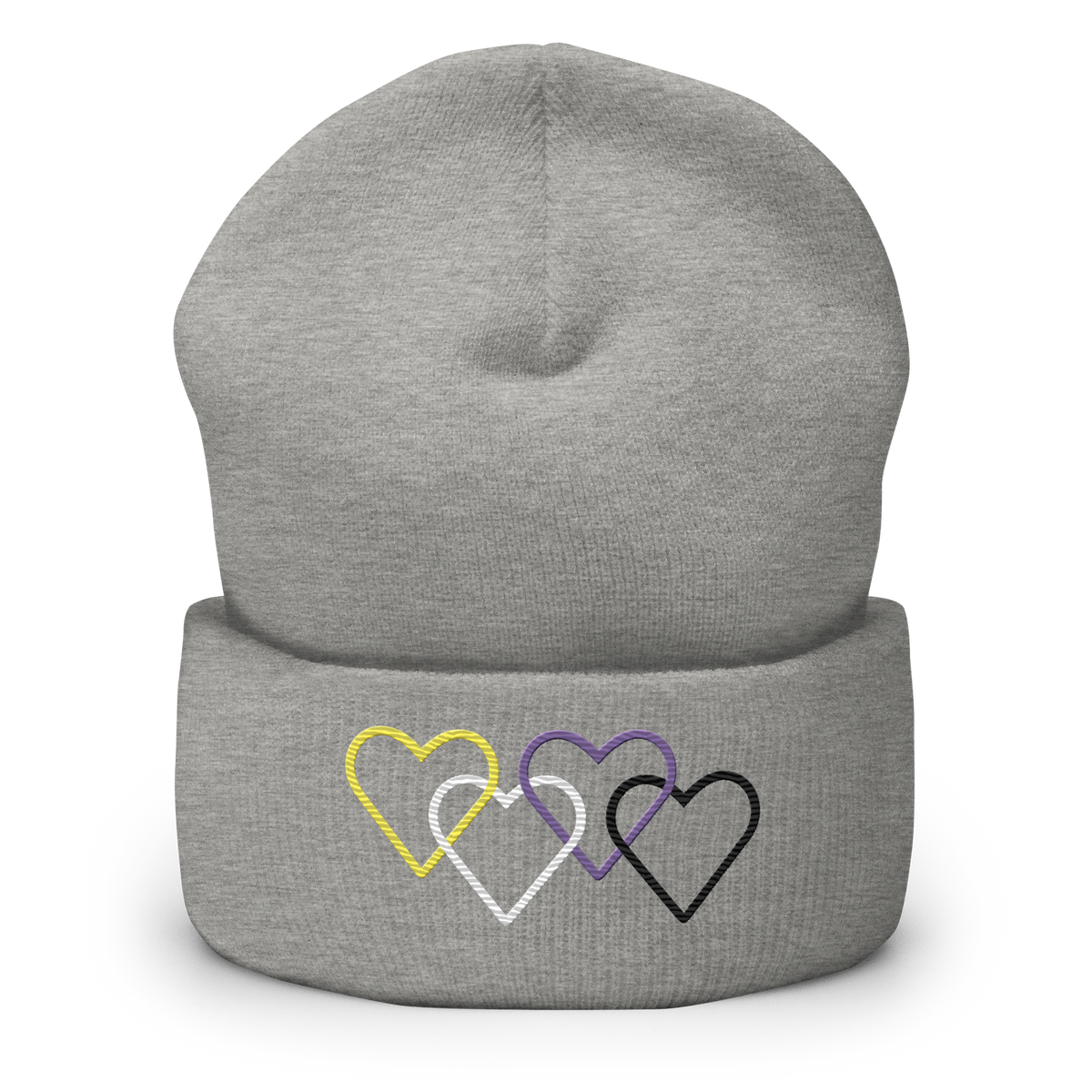 Nonbinary Pride Beanie: Interlaced Heart Outlines Embroidered Hat