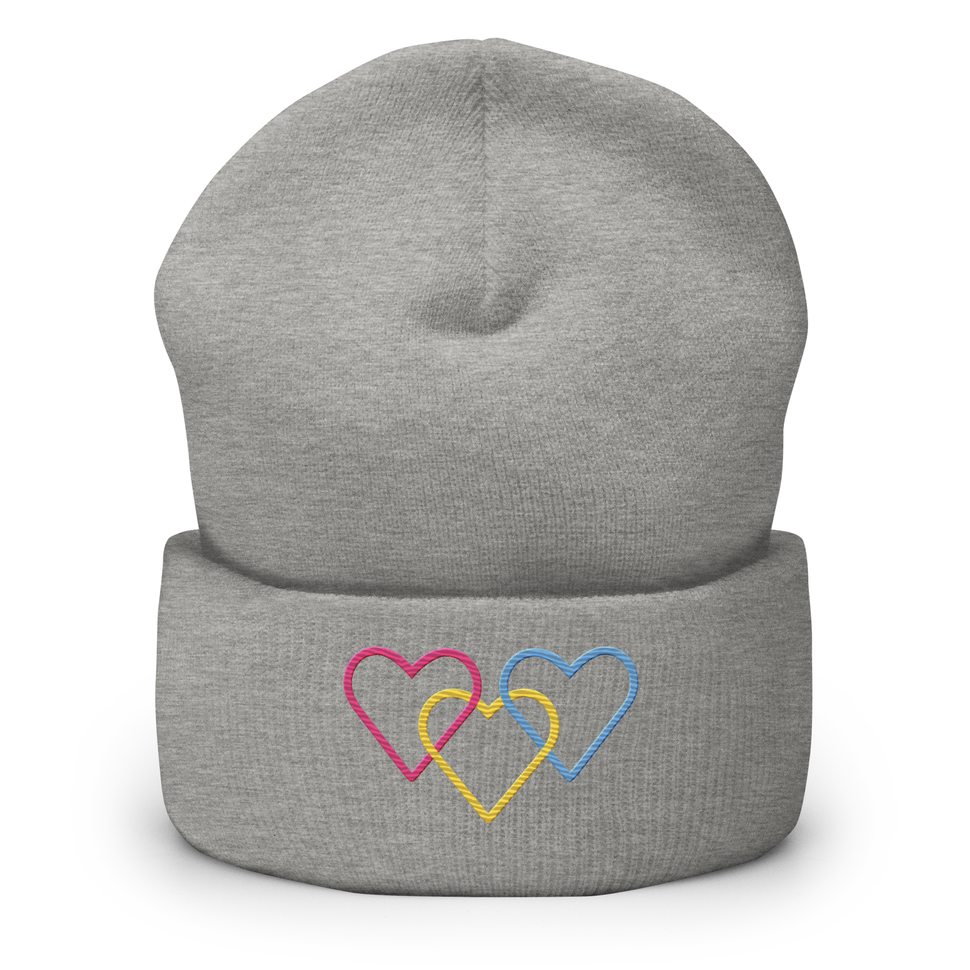 Pansexual Pride Beanie: Interlaced Heart Outlines Embroidered Hat