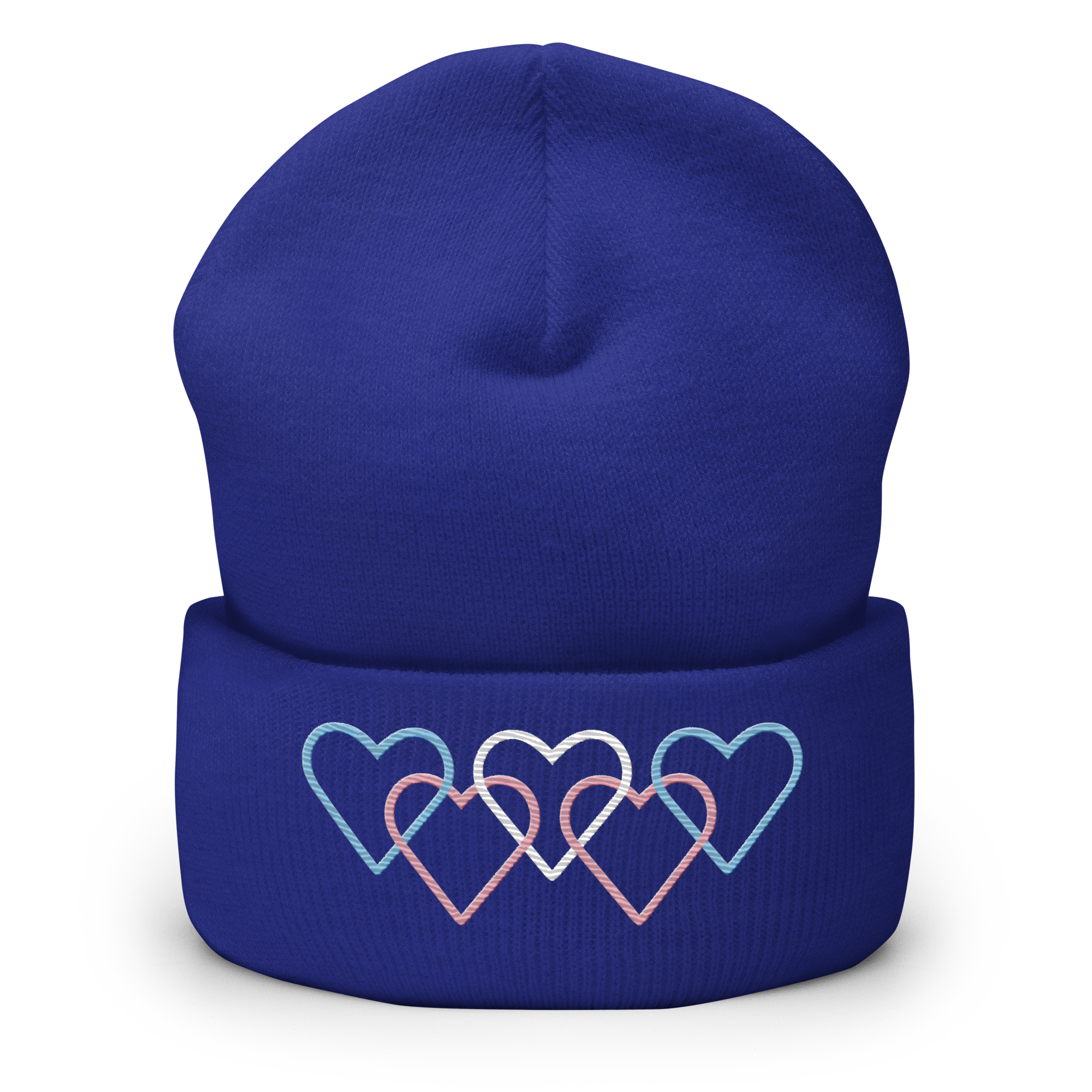 Transgender Pride Beanie: Interlaced Heart Outlines Embroidered Hat