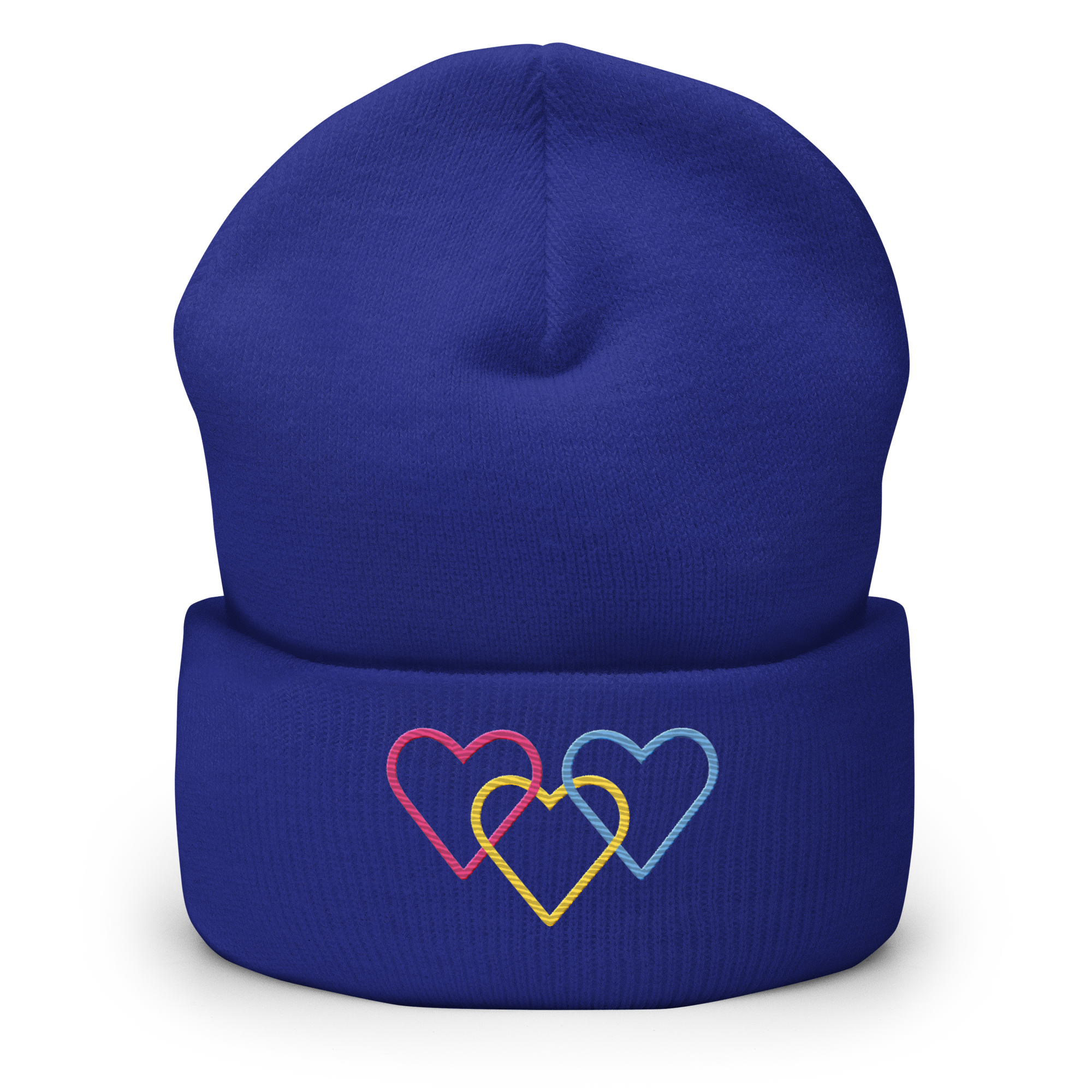 Pansexual Pride Beanie: Interlaced Heart Outlines Embroidered Hat