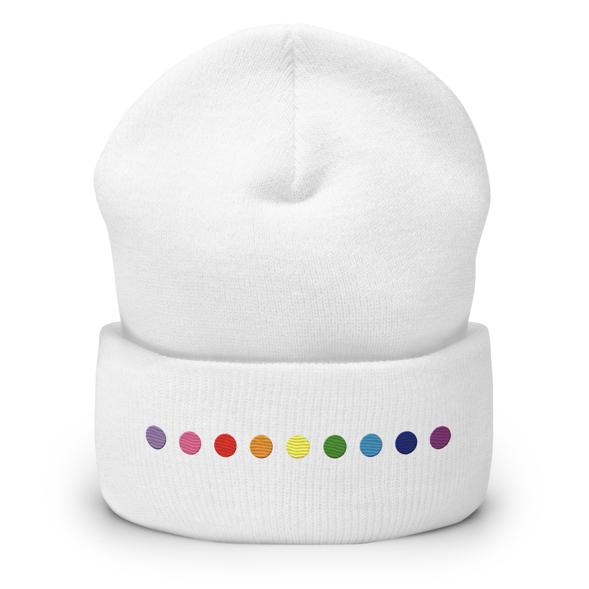 Embroidered Gilbert Baker Pride Beanie: Pride Flag Horizontal Circle Design