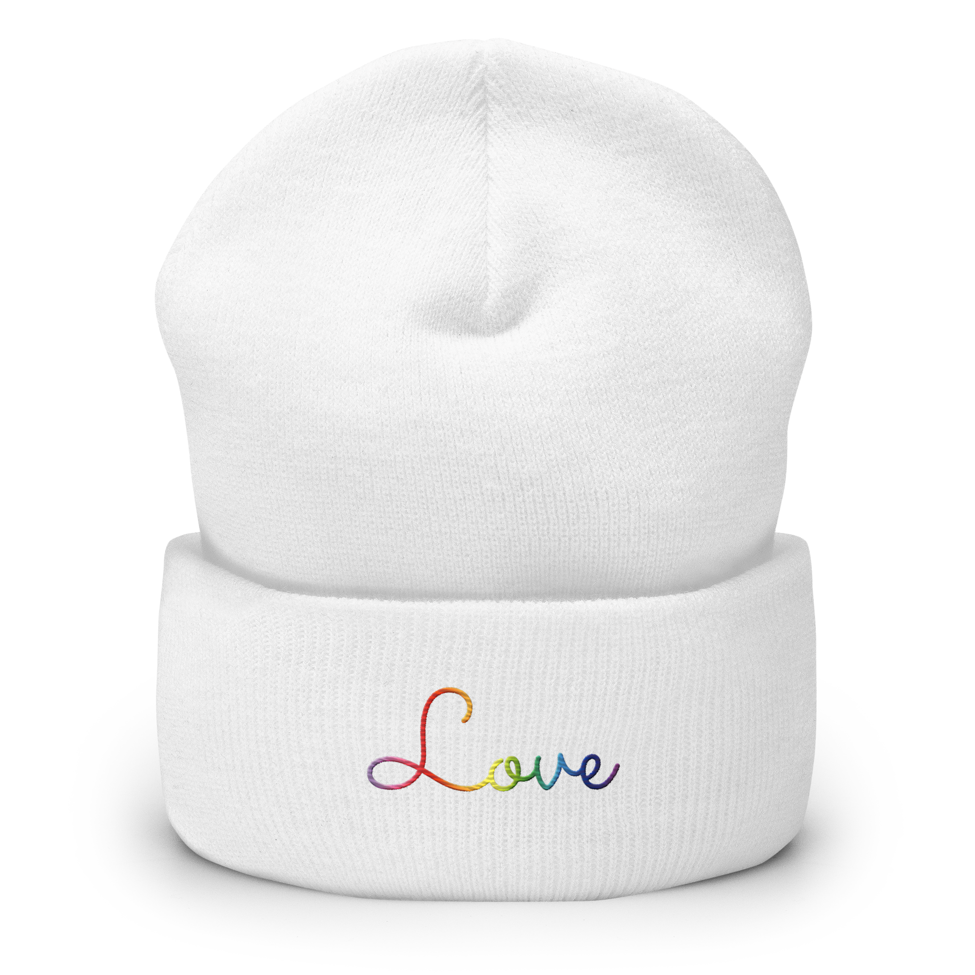 Gilbert Baker Pride Love Script Beanie: Ellegantly Embroidered Pride Hat