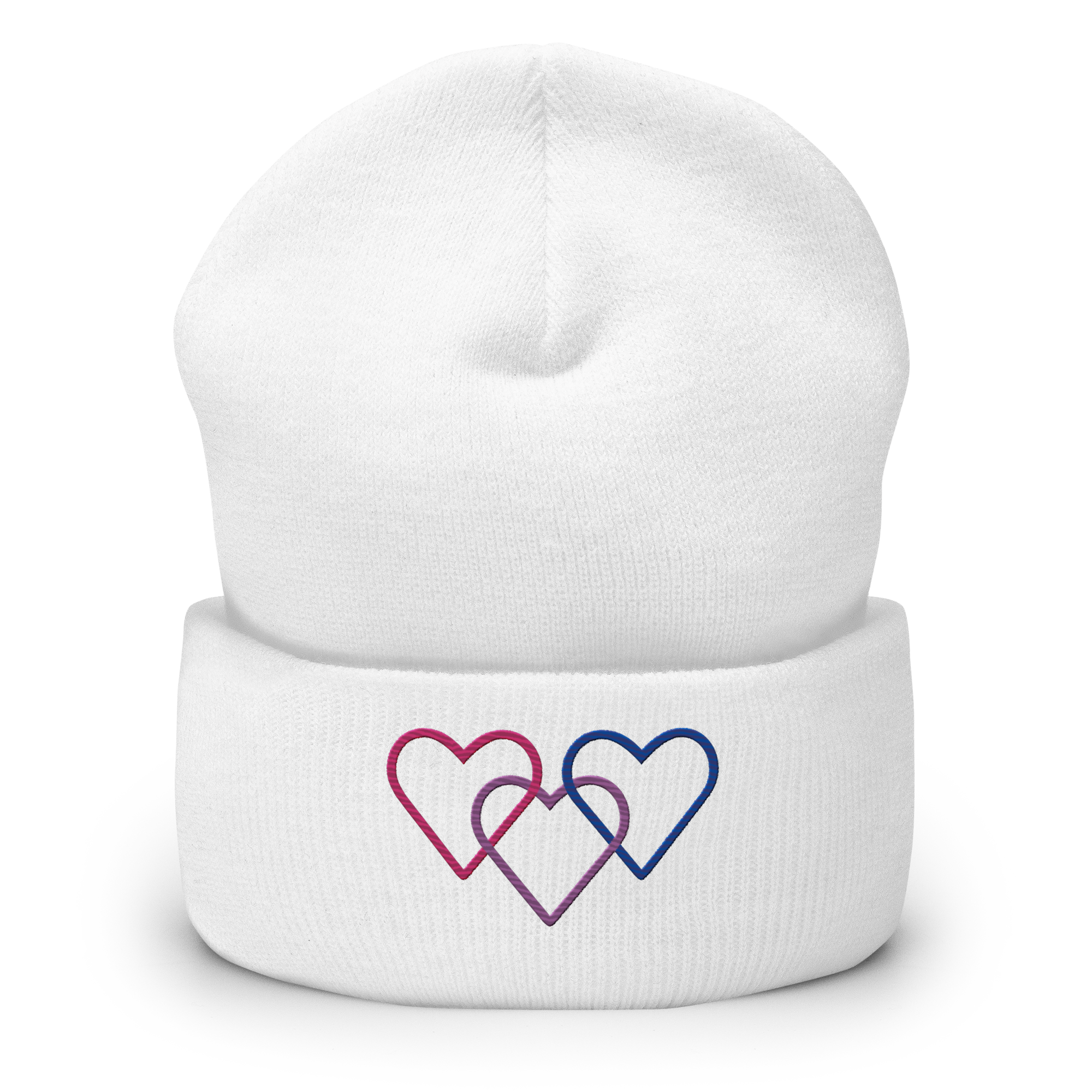 Bisexual Pride Beanie: Interlaced Heart Outlines Embroidered Hat