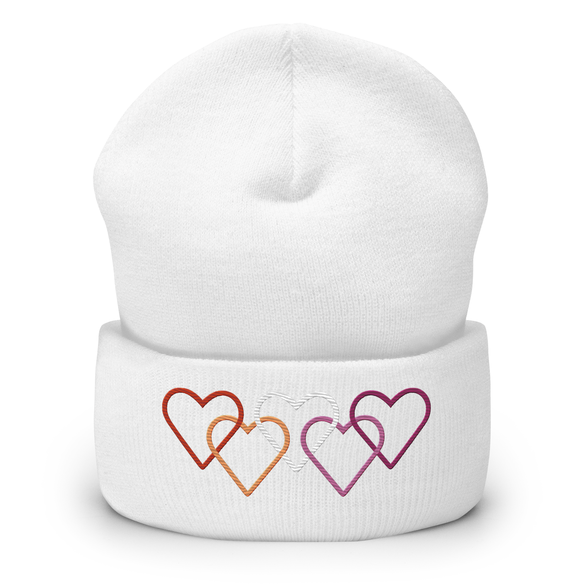 Lesbian Pride Beanie: Interlaced Heart Outlines Embroidered Hat