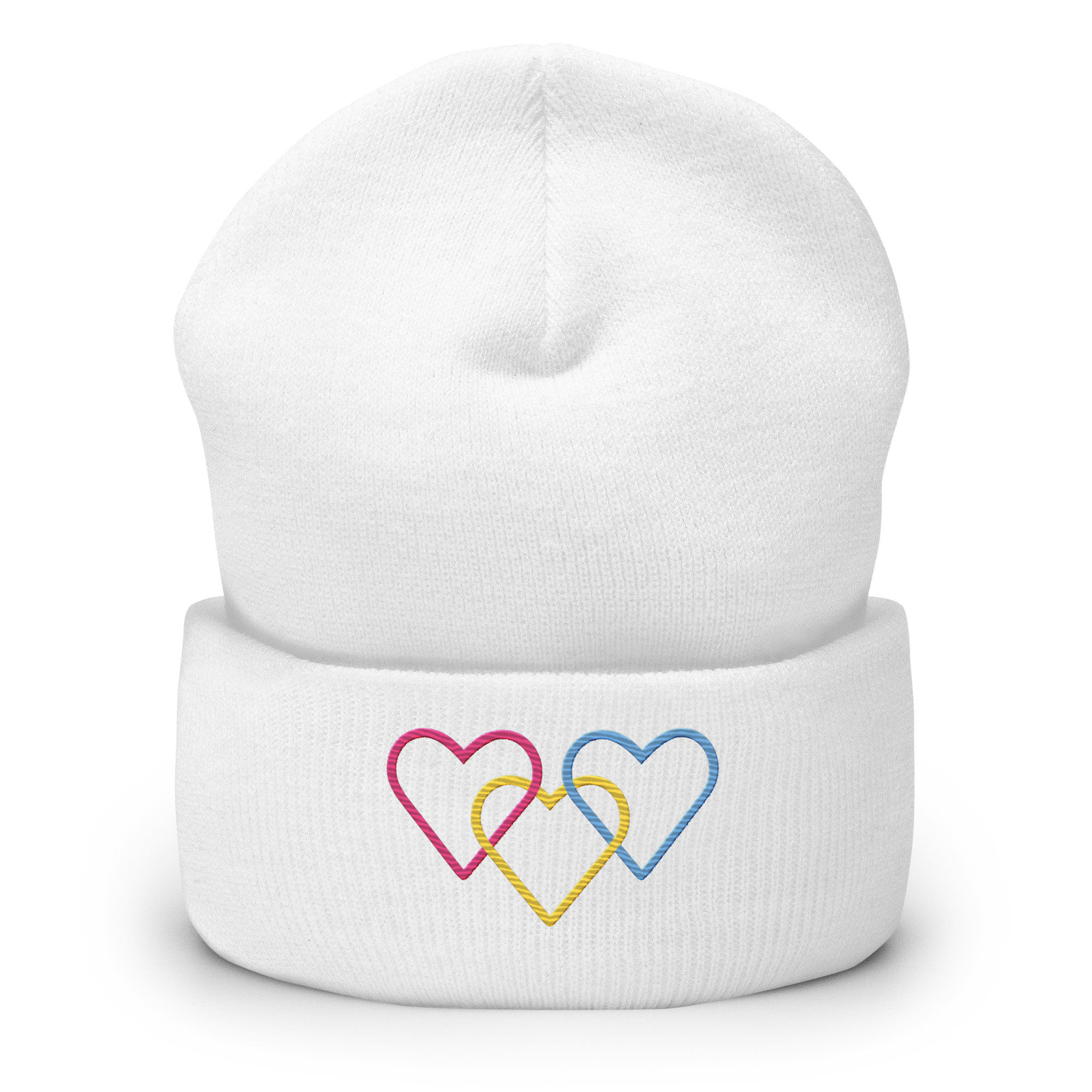 Pansexual Pride Beanie: Interlaced Heart Outlines Embroidered Hat