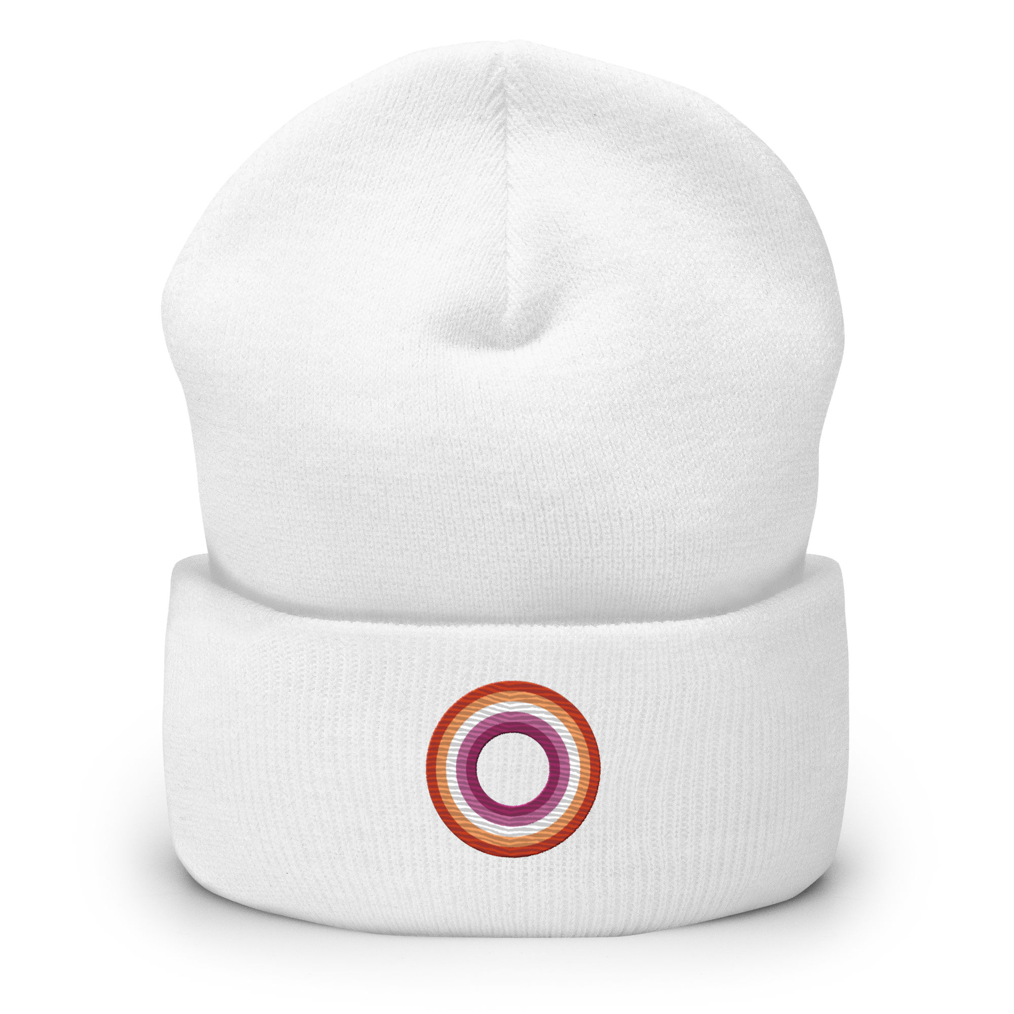 Embroidered Beanie: Lesbian Pride Ring Emblem Design