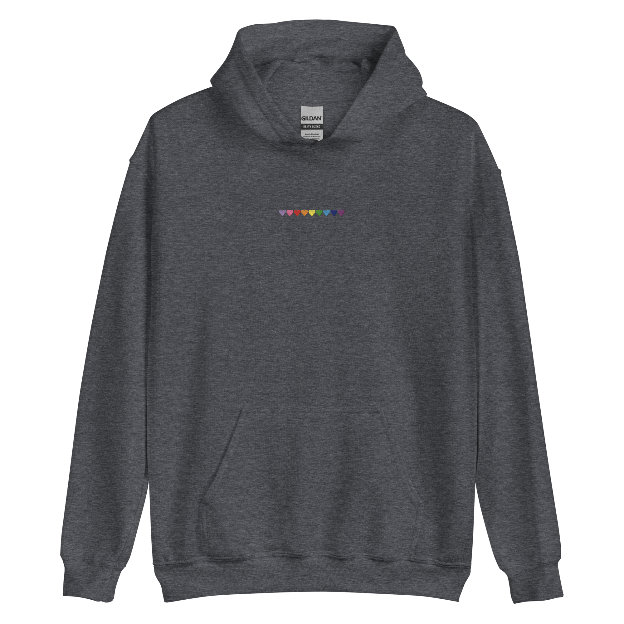 Embroidered Gilbert Baker Pride Hoodie: Pride Flag Horizontal Heart Design