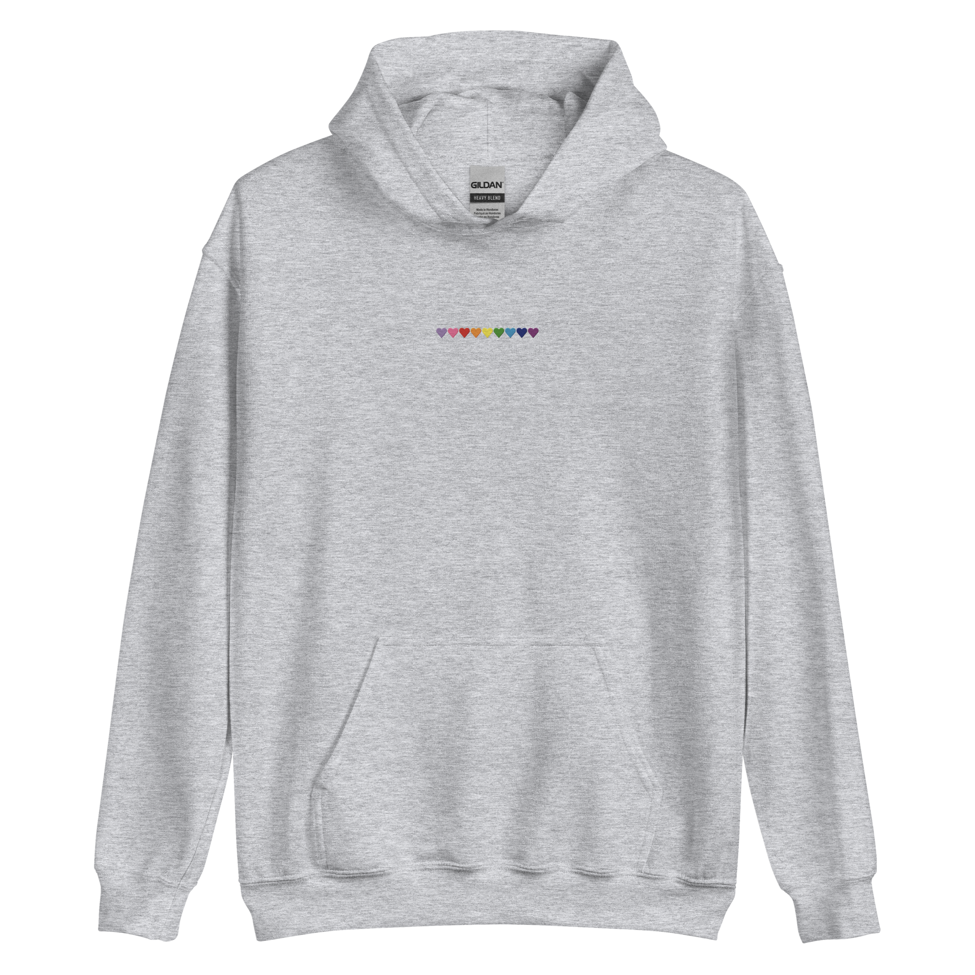 Embroidered Gilbert Baker Pride Hoodie: Pride Flag Horizontal Heart Design